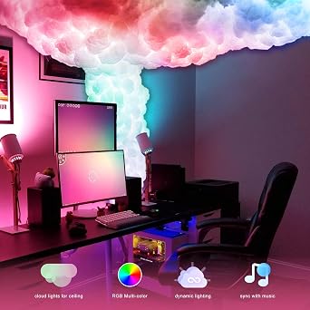 3D Thundercloud Ceiling Light, DIY Lightning Effects, RGB Color Changing, Music Sync, Smart APP Control, for Bedroom, Gaming Room, Home Theater, Kids Room, 32FT