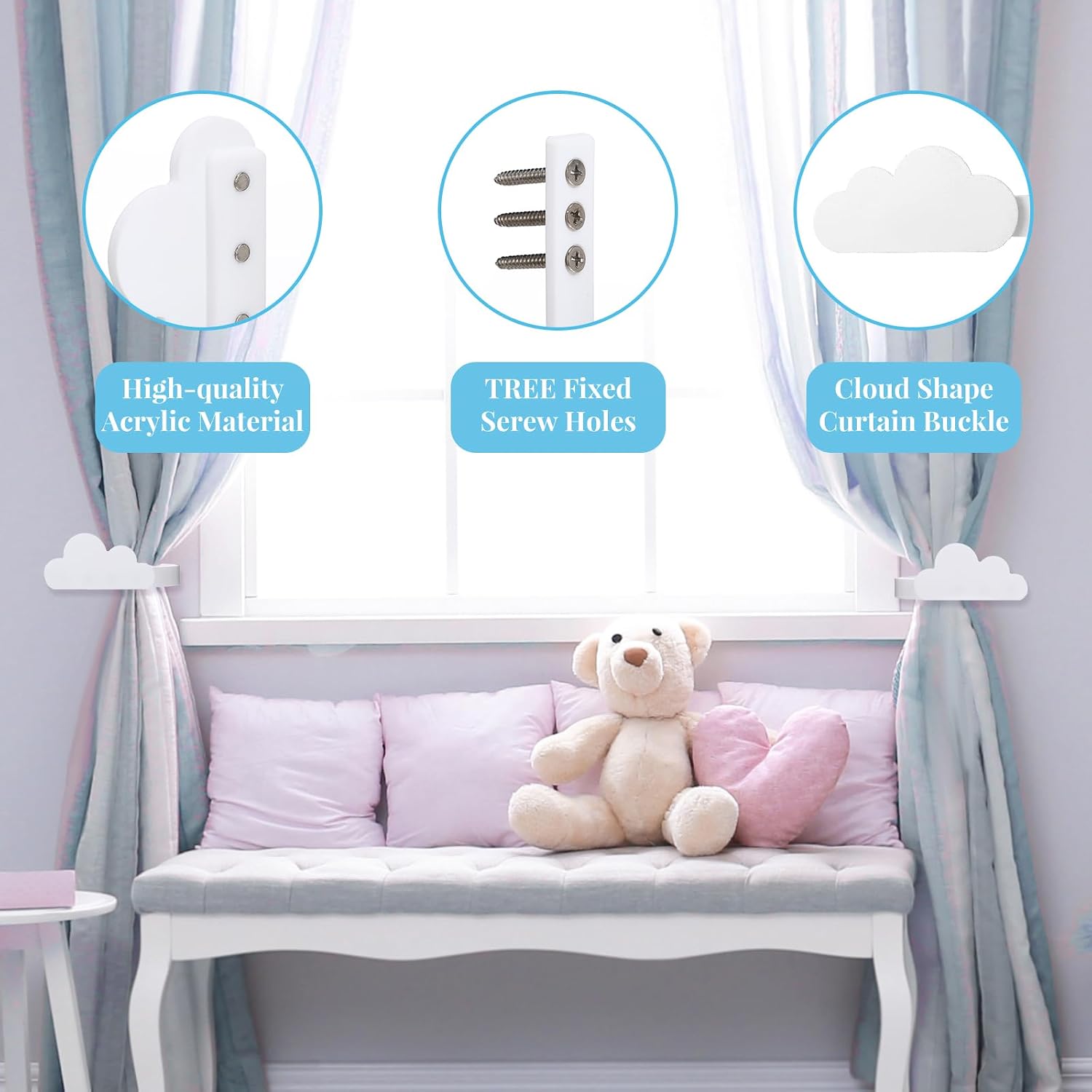 Briwooody 2 Pcs Cloud Curtain Tiebacks Acrylic Curtain Holdbacks with Screw Wall Mounted Tie Backs for Windows Home Decor