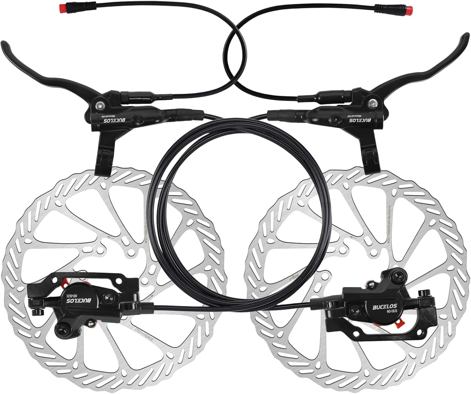 E-Bike Hydraulik-Scheibenbremsensatz – 2/4 Kolben, elektrisch abschaltbar, Links vorne 1100 mm, rechts hinten 1800 mm, Hebel aus Aluminiumlegierung für Roller/MTB-Mountainbike