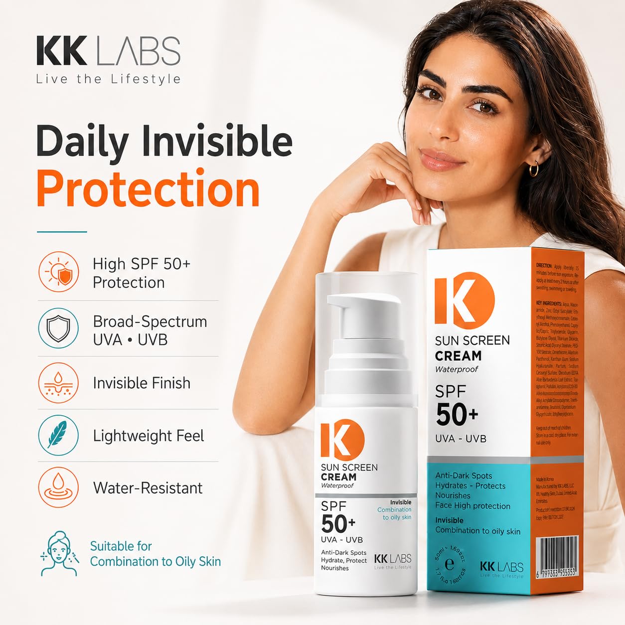 KK Labs Invisible Sun Cream for Combination to Oily Skin 50ml - Lightweight Daily Facial Sunscreen with a Weightless, No-White-Cast, Matte Finish for Shine-Prone Skin, Men and Women