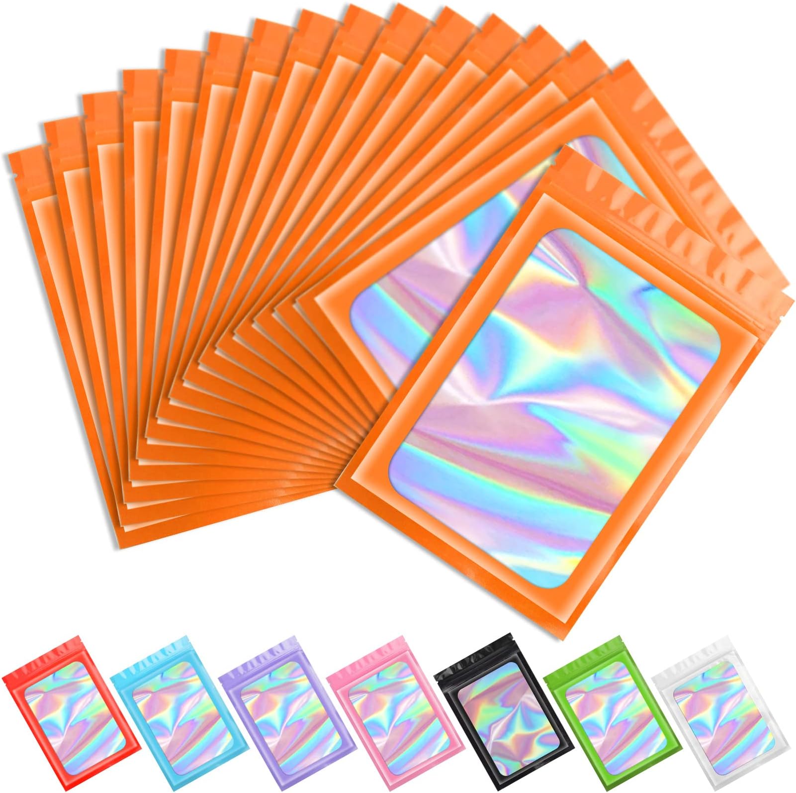 Funfery 100 pcs Orange Smell Proof Mylar Holographic Bags Packaging Bags,Clear Resealable Odor Proof Bag Foil Pouch Bag for Food Storage,Lipgloss,Jewelry,Lash Packaging for Small Business(2.4x3.9In)