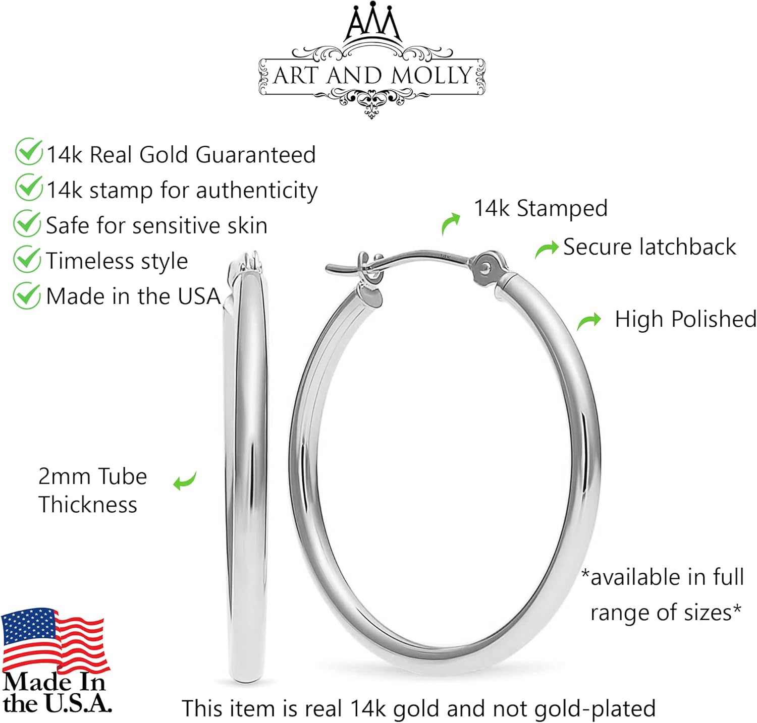 14k Gold Round Polished Hoop Earrings, (50mm) 2" Diameter - Image 3