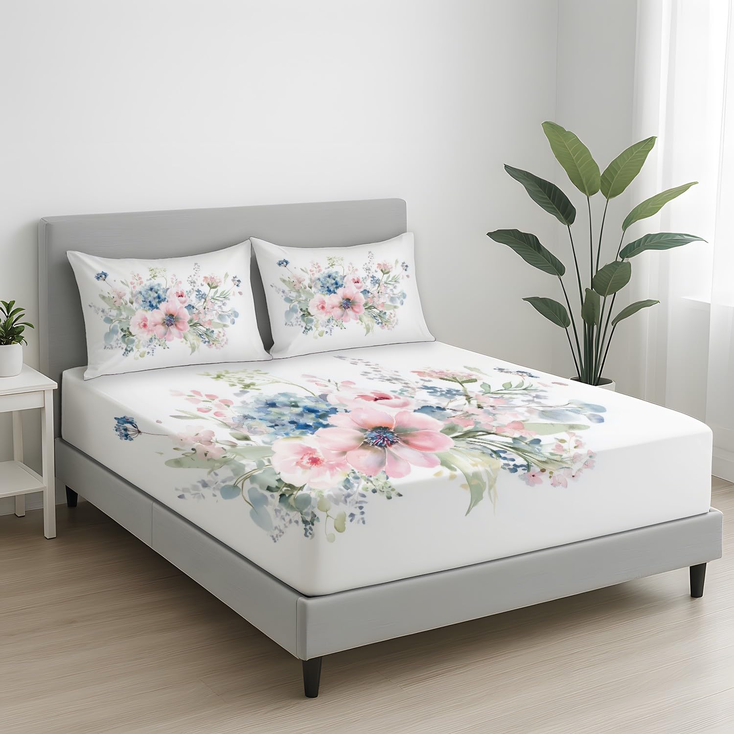Impressionistische Blüten, Grünes Laub Spannbettlaken 160x200 - Bettlaken Pflegeleicht, Zarte Ästhetik, Leicht und Weich, Bettwäsche-Set, 3-teiliges Damen-Hauptschlafzimmer, Gemütliches Gästezimmer