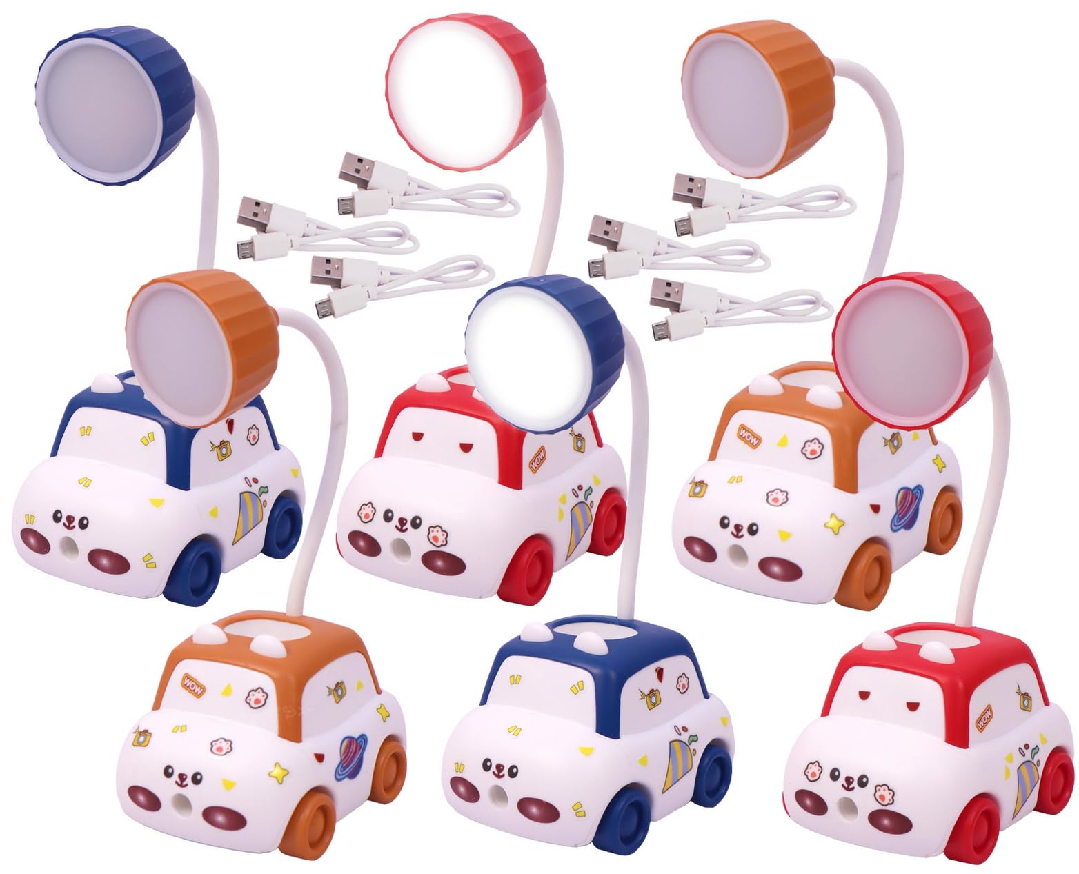 Toyshine Plastic Pack Of 6 Rechargeable Car Shaped Desk Lamp With Pen Holder And Sharpener | Light For Study Room Home Office | Birthday Return Gifts Party Favors - Multicolor, LED