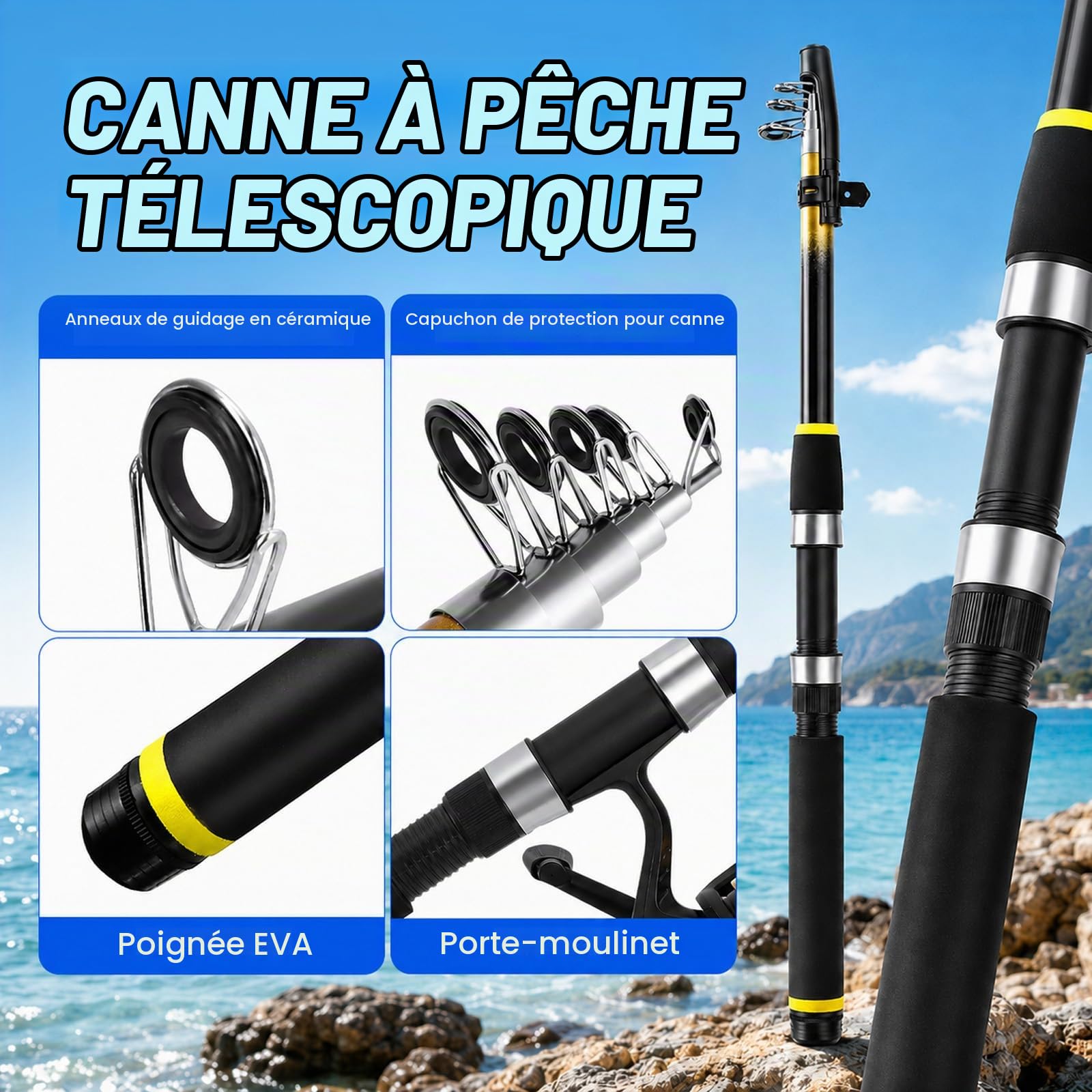 Lot de 3 cannes à pêche télescopiques pour enfants - Avec moulinet 5.2:1 - Accessoires - Boîte à appâts - Sac de transport - Kit de démarrage pour débutant - Pour eau douce et eau salée - 1,8 m
