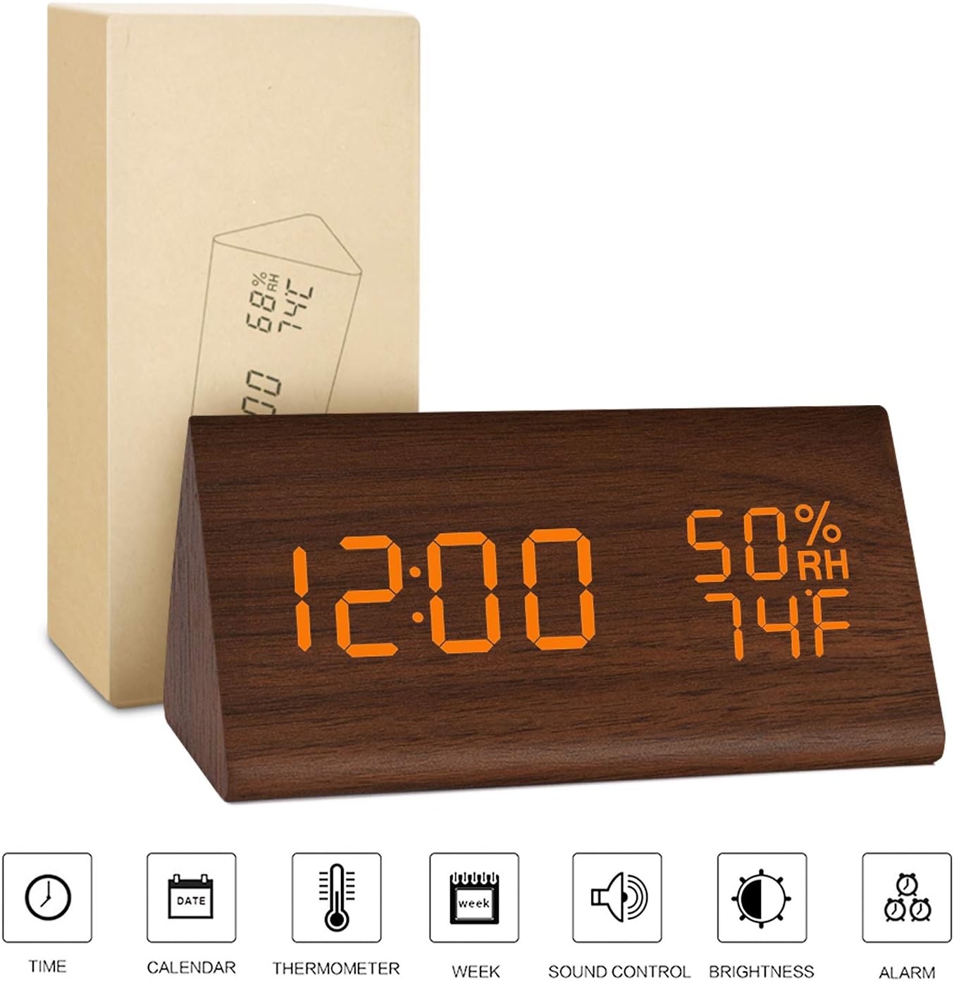 BlaCOG Alarm Clock Display Time Date Temperature,Wooden Alarm Clock for Bedroom,Digital clock Adjustable Brightness Voice Control-Brown/Orange