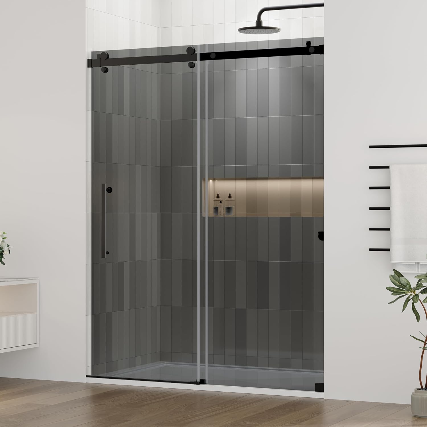 DELAVIN 56-60.in W x 72.in H Frameless Shower Door, Water Repellent Black Shower Door with 1/4" (6mm) SGCC Tempered Glass and Grey Film, Easy Sliding Showe Door with Explosion-Proof Film