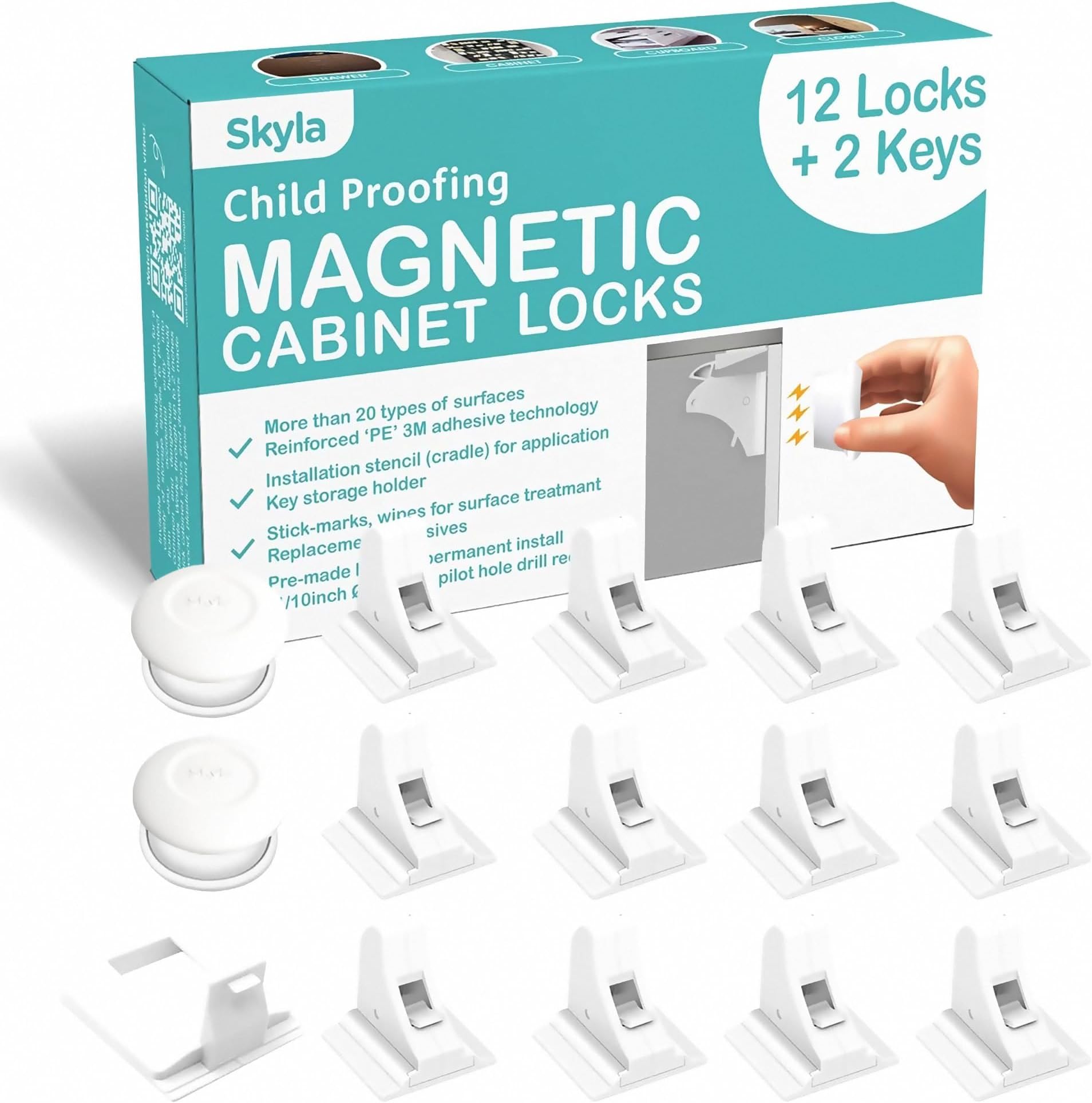 ELLA'S MAGNETIC CABINET LOCKS | No Tools Needed - 3M Adhesive | Amazing for Baby Proofing Kitchen & Child Locks | Quality Design | Child Safety | Baby Locks | White