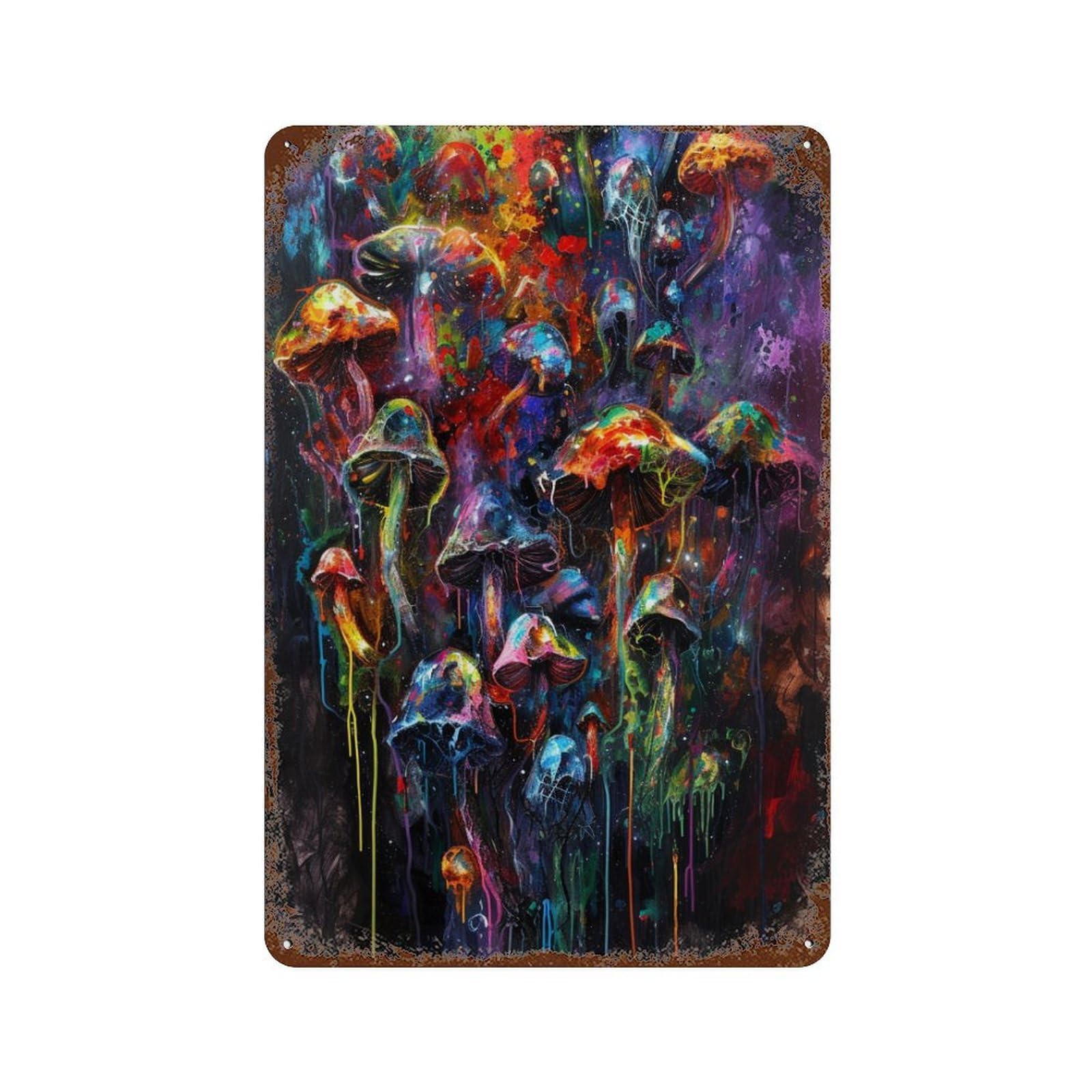 Distressed Metal Wall Sign with Mushroom Painting Design 11.8"x7.9", for Garage, Bar And Workshop Decor, Vintage Wall Decor