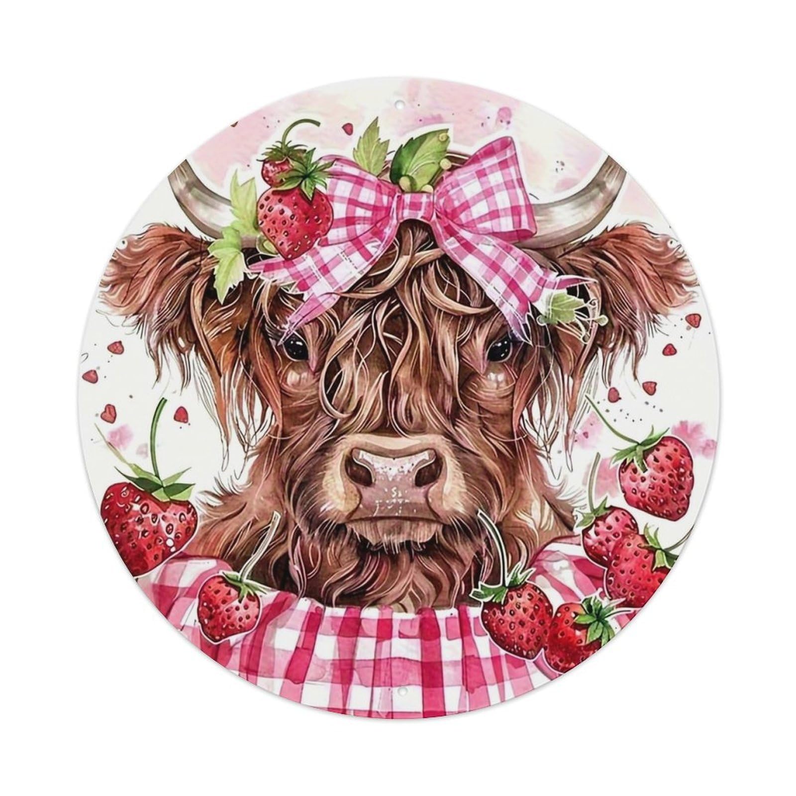 Cow Strawberry Bow Checkered Pattern Retro Metal Sign Round Tin Sign, Vintage Decor Art Poster for Bar, Home, Man Cave, Kitchen, Laundry Room Gift 8x8Inch
