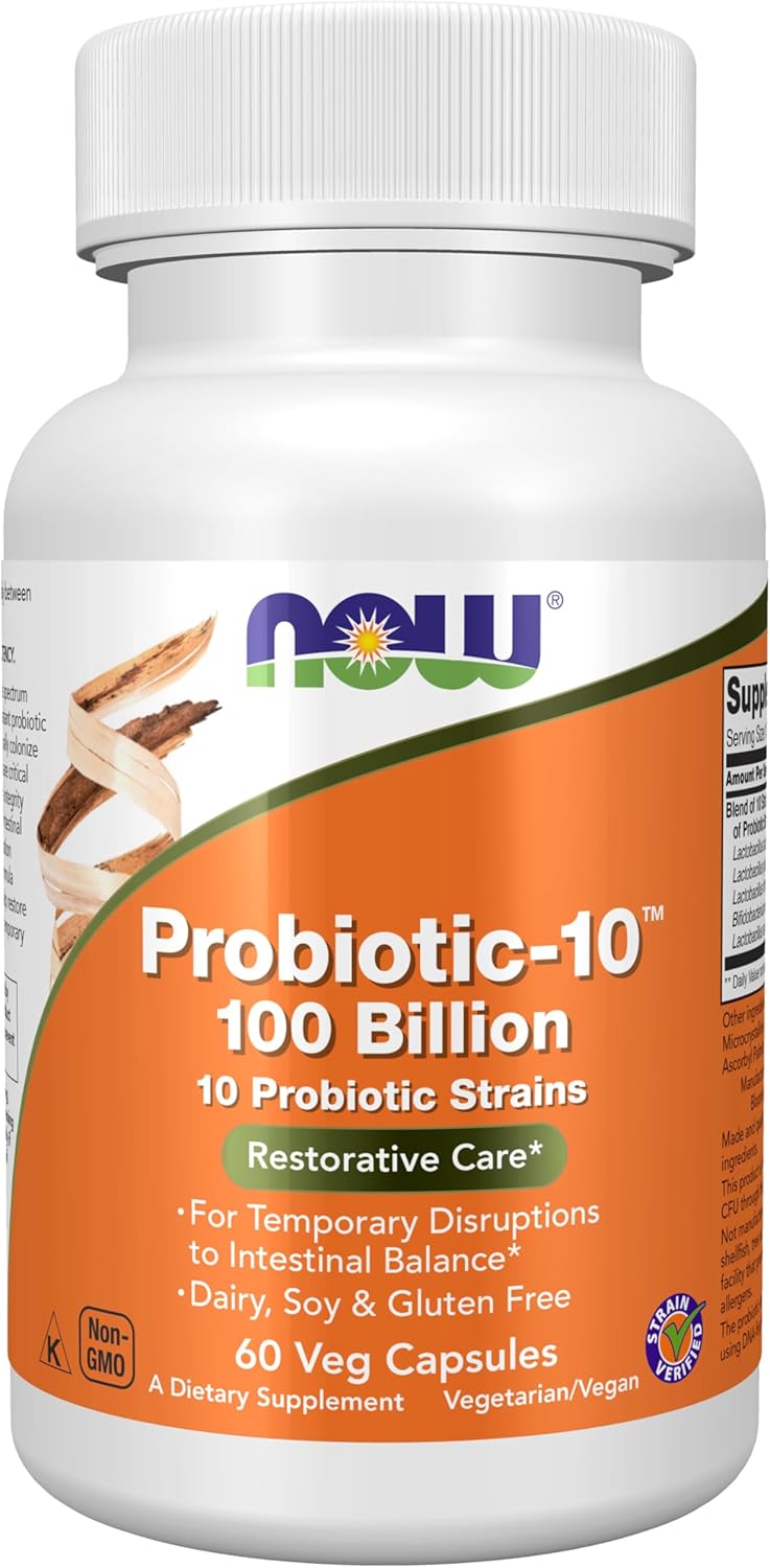 NOW Foods Supplements, Probiotic-10™, 100 Billion, with 10 Probiotic Strains,Dairy, Soy and Gluten Free, Strain Verified, 60 Veg Capsules