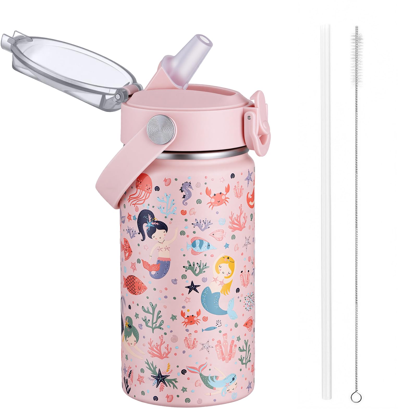 Autsel 420ml Kids Insulated Water Bottle with Straw, Vacuum Metal Leak Proof Drink Flask, BPA-Free, Cute Double Wall Stainless Steel Child's Flask,Boys Girls Bottles