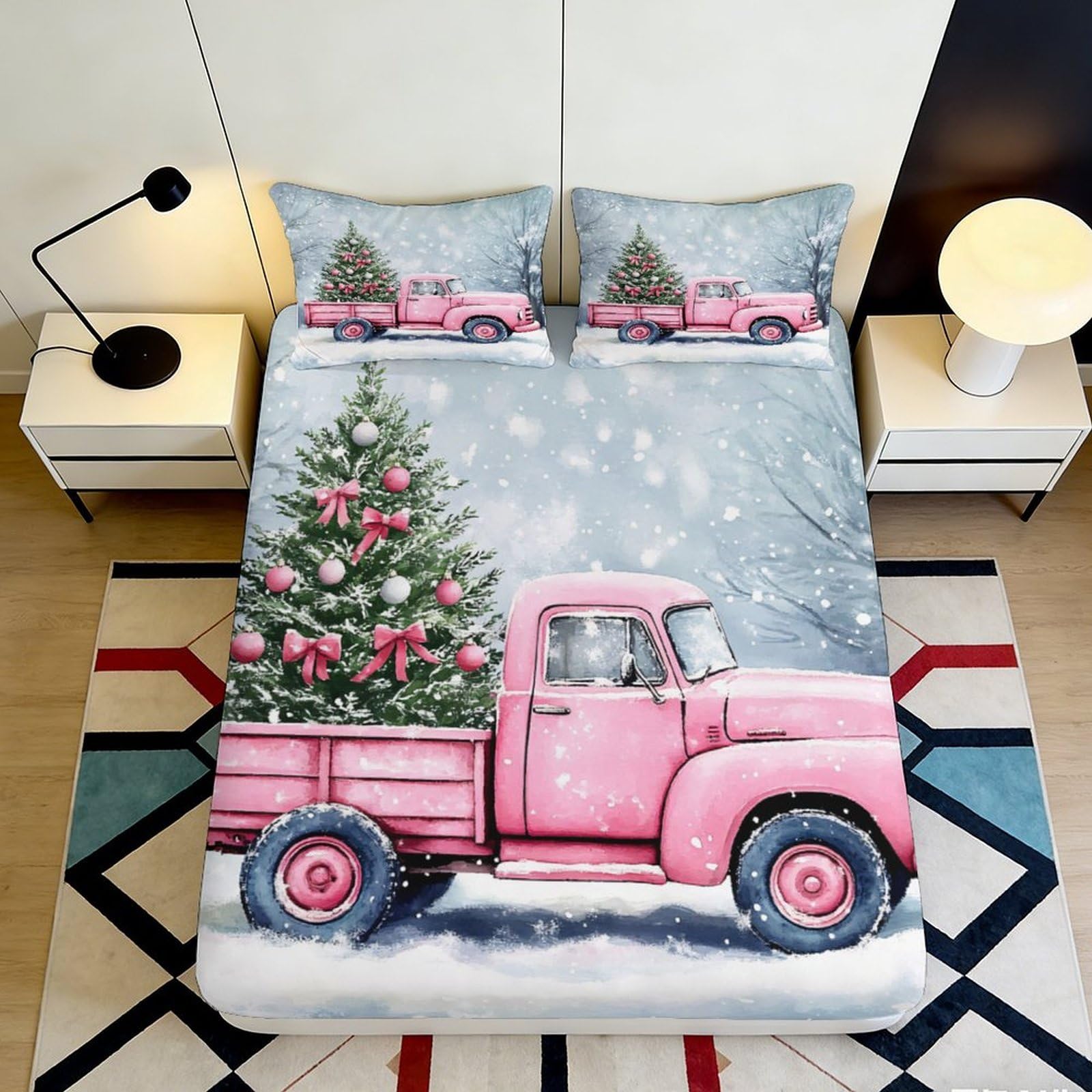 Tjiqhvmrn Style-9 3D Printed Christmas Truck Fitted Sheet Microfiber Elastic Hem Deep Pocket Christmas Mattress Fitted Cover Non-Slip Washable For Bedroom 90X200x25cm