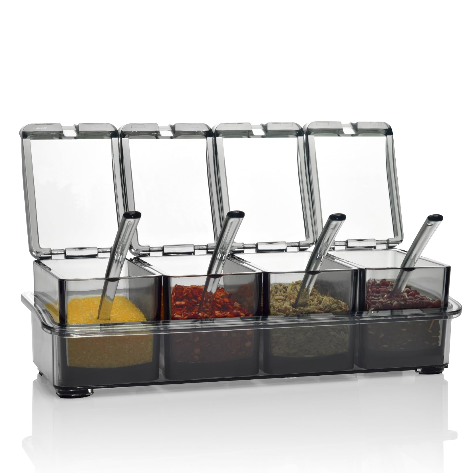 V·RESOURCING [ New Version Elegant Black Seasoning Box, 4 Pieces Seasoning Storage Container Cruet for Home Kitchen,Condiment Jars with Cover and Spoon for Pepper Spice Salt Sugar Storage