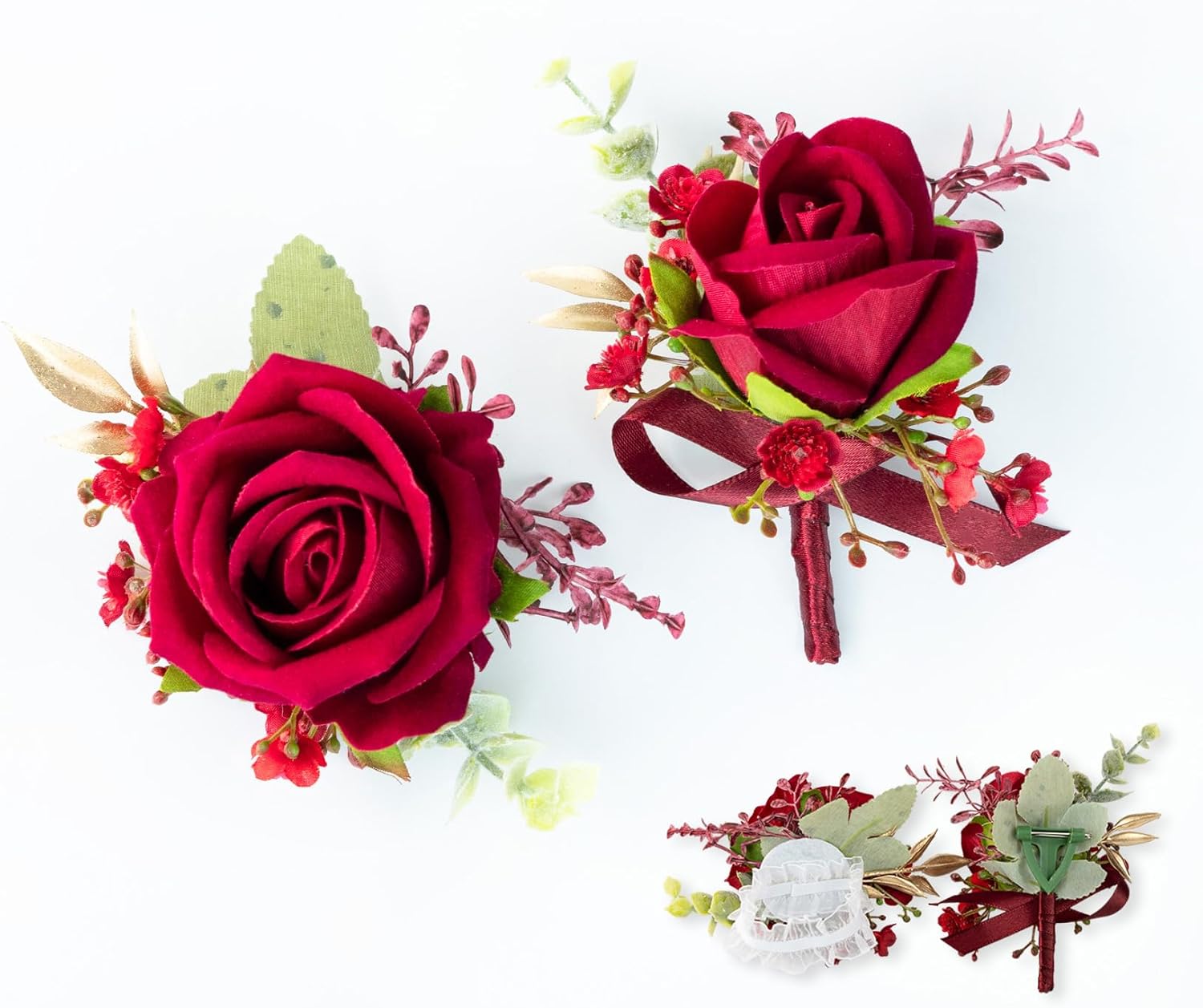 Corsage and Boutonniere Set for Groom Bride Groomsmen Bridesmaids Wedding Party Prom, Artificial Roses Flower Boutonniere for Men Wedding Mother Grandmother for Bridal Shower Prom (Burgundy) - Image 6