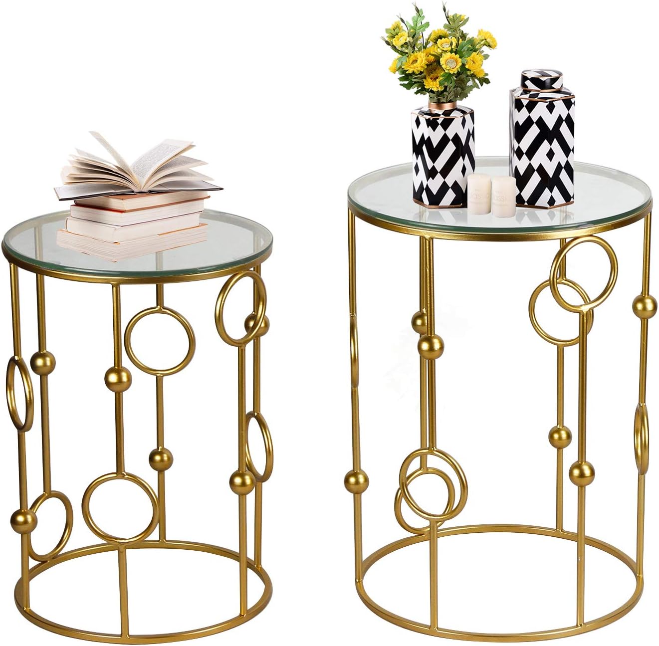 Adeco Neting Accent, Decrorative Glass Top Side, End, Set of 2 Round Nesting Tables