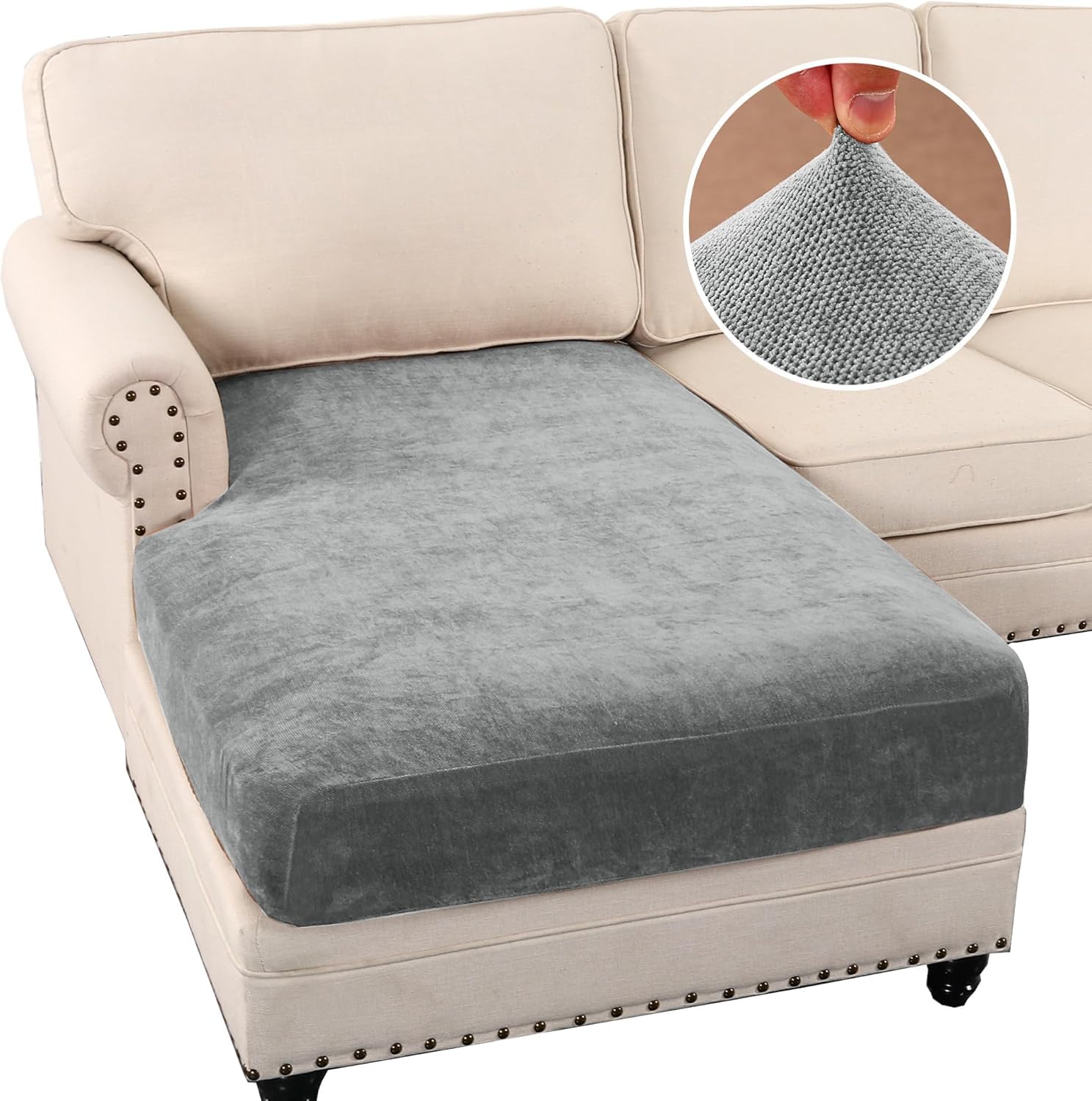 LINGKY Corner Sofa Covers Stretch Chenille Sofa Seat Cushion Covers for Sectional Sofa, Sofa Cushion Slipcovers for L Shaped Sofa, Couch Cushion Covers with Elastic Bottom (Grey,Chaise Cover)
