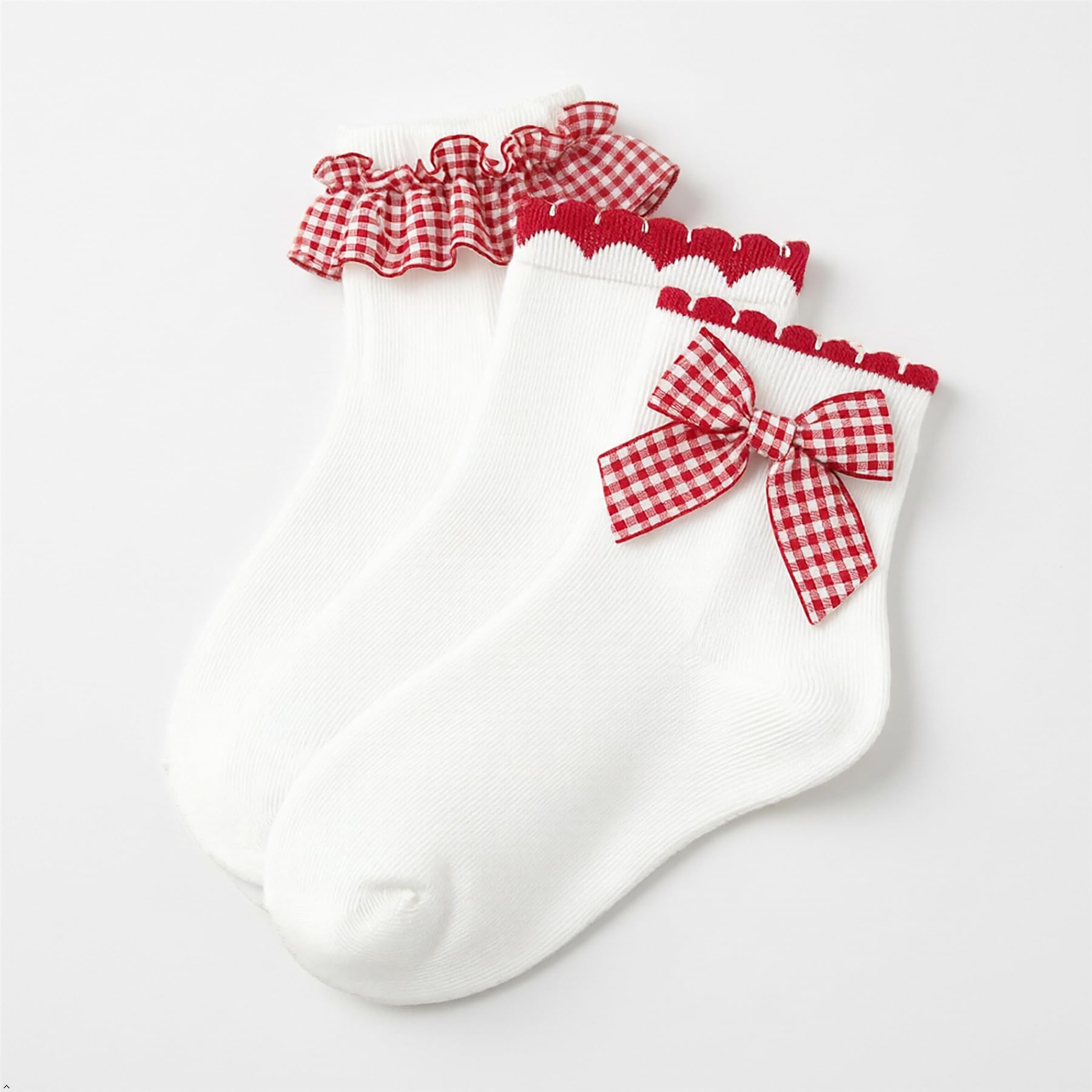 A2Z 4 Kids Lot de 3 paires de chaussettes à bordure en dentelle vichy pour filles en coton majoritaire avec volants et nœud, douces et respirantes, parfaites pour les tenues uniformes ou décontractées