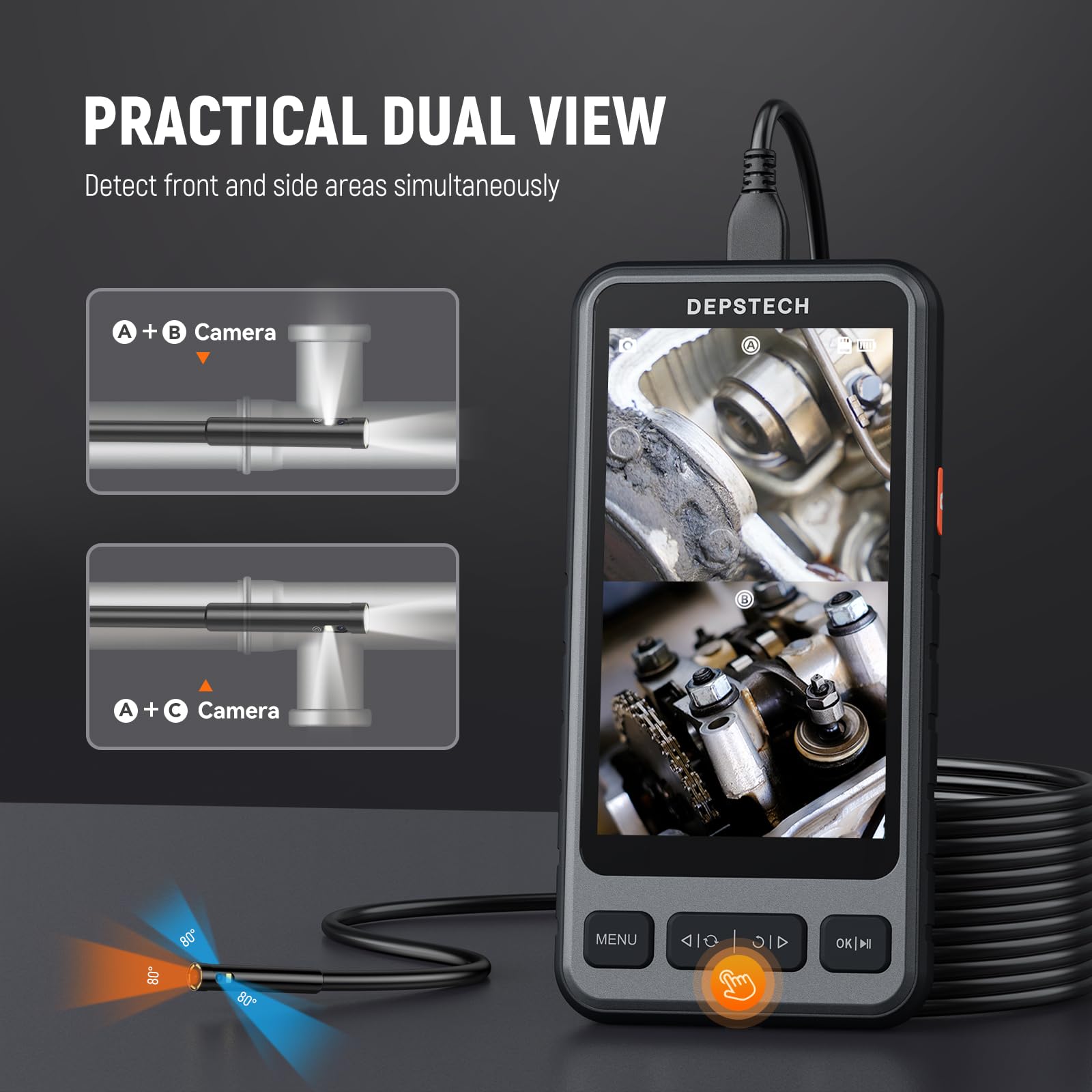 DEPSTECH Caméra Endoscopique Triple Objectif 5" IPS Étanche HD 1080P Vue Écran Partagé 5M