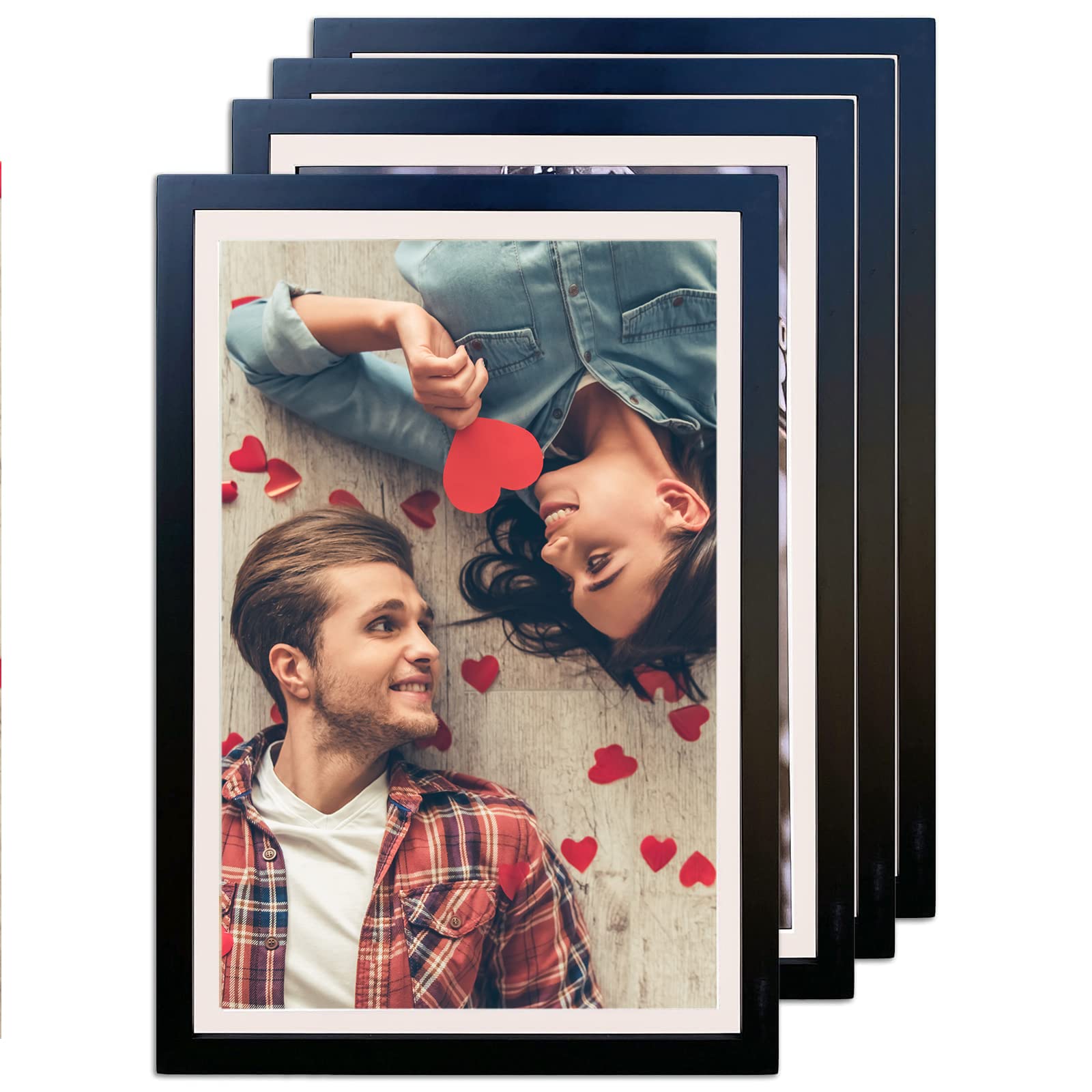 The Display Guys – Solid Pine Wood Picture Frame with Mat and Tempered Glass – Wall Mounting - 12" x 18" - 4 Pack - Black