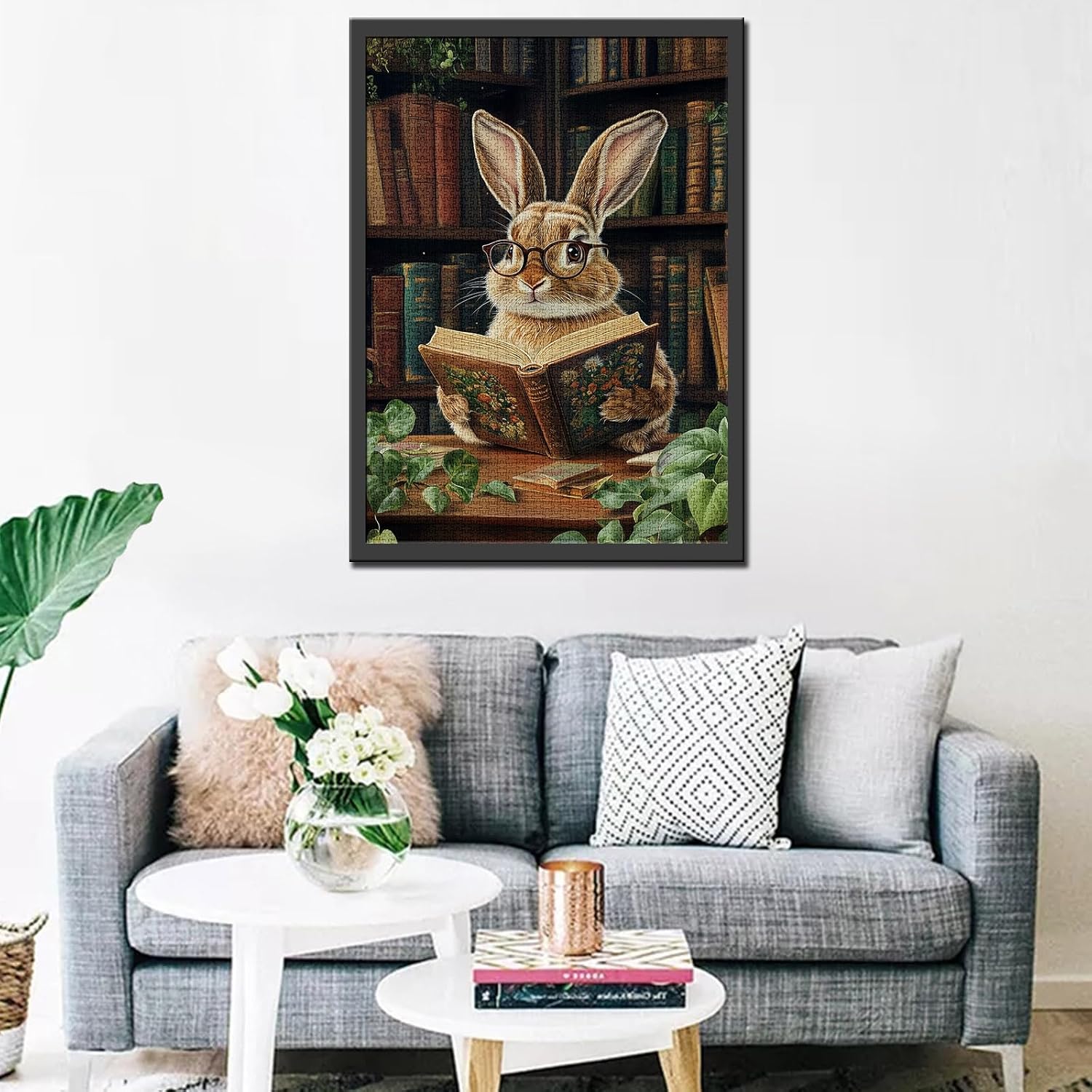 The Rabbit Wearing Glasses Puzzles for Adults 1000 Pieces,Retro Library Jigsaw Puzzle for Adult Collection Cute Bunny Reading Books Jigsaw Puzzles as Gift for Animal Lovers image 3
