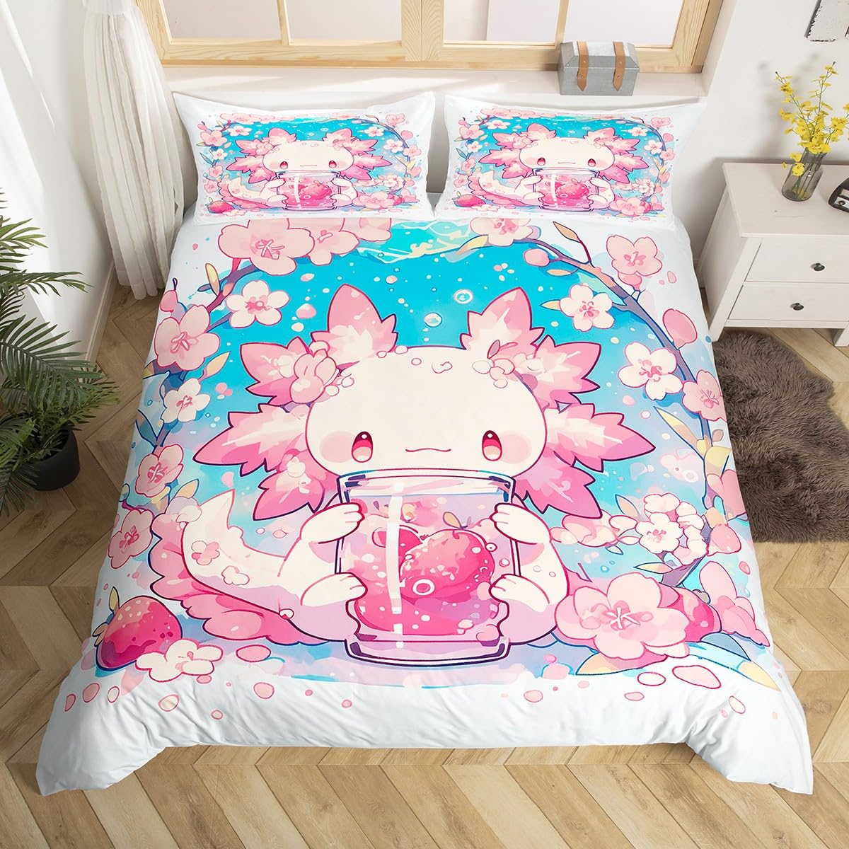 Cartoon Axolotl Duvet Cover,Romantic Pink Cherry Blossom Strawberry Quilt Cover(No Filler),Kawaii Salamander Watercolor Marine Life Bedding Set with 2 Pillowcases,Teens Room Decor,King Size