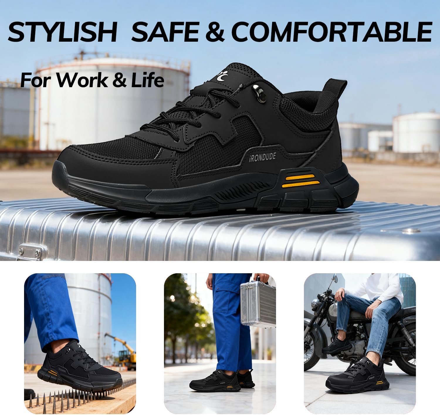 Composite Toe Shoes for Men Black Steel Toe Shoes Comfortable Non Slip Work Shoes Breathable Lightweight Construction Safety Sneakers Puncture Proof - Image 8