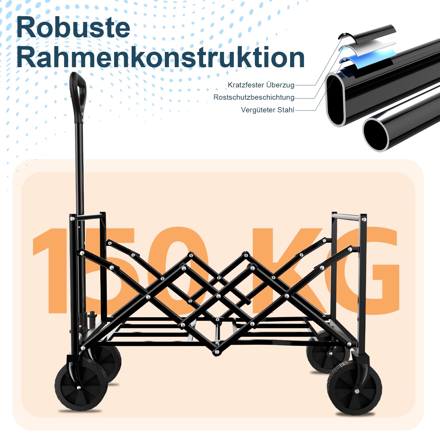 Favoyard Faltwagen Klappbar 100L & 150kg Tragkraft All-Terrain Bollerwagen mit Bremse & Rollen für Camping, Einkauf, Garten & Sport, Kompakt Faltbarer Transportwagen aus Stahlrahmen
