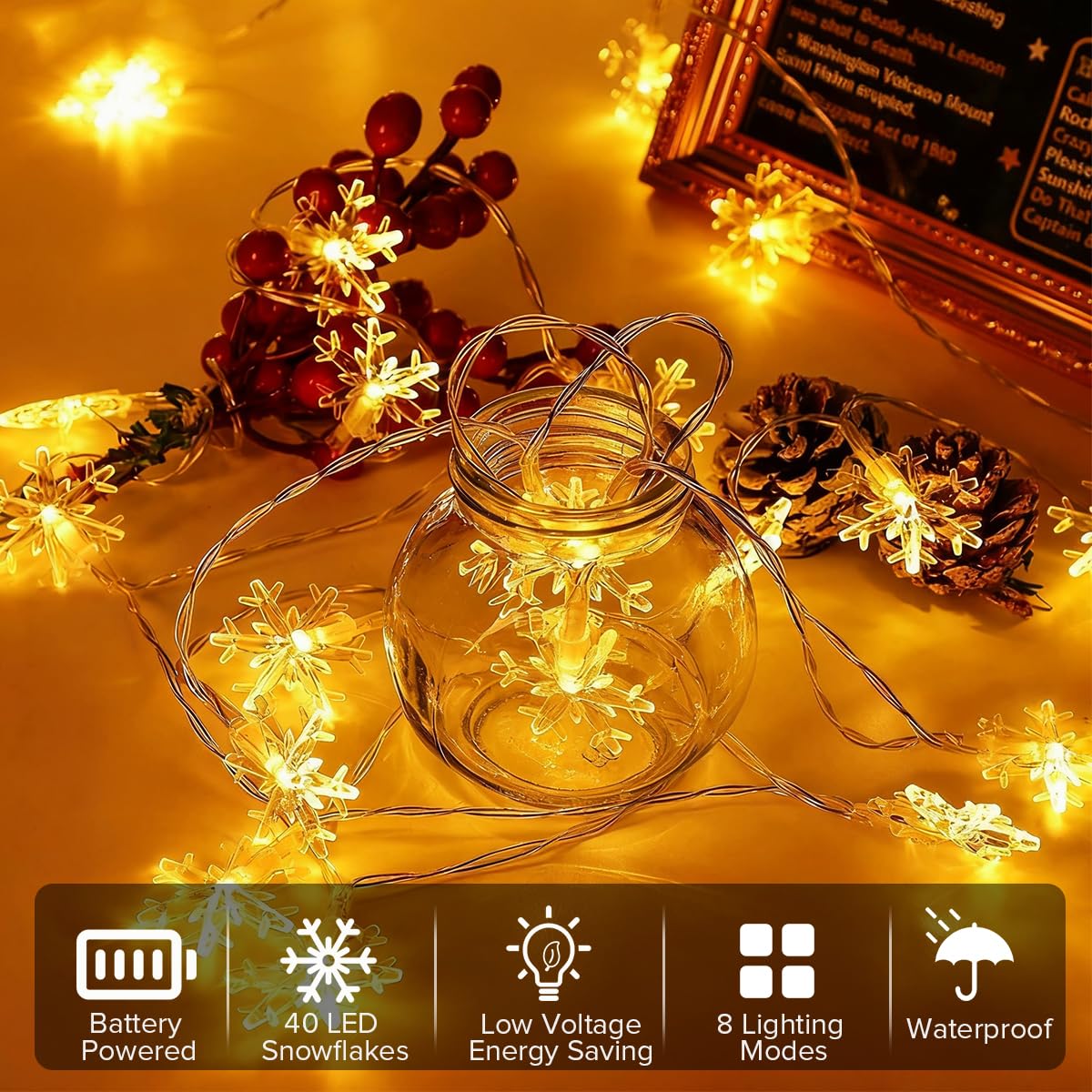 Isisyu Catena Luminosa Fiocchi Di Neve – 6m, 40 LED Bianco Caldo, Con Timer, IP65 Impermeabile, Per Interni/Esterni, Decorazione Natalizia - 4