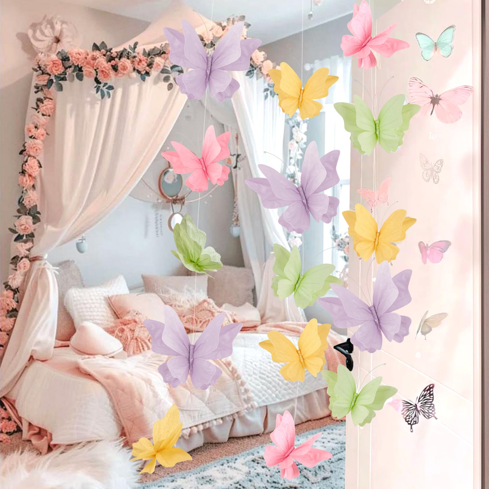 Easy Joy 4 mariposas de papel 3D con clip, decoración con purpurina para mesa y primavera