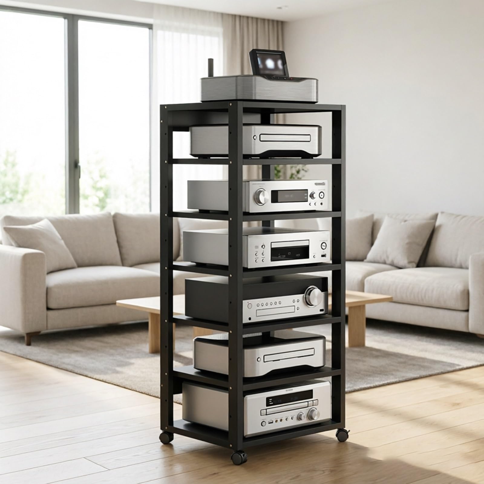 Regał HiFi 7-półkowy Na Sprzęt AV, Półka Drewniana, Wieża Audio | Regał HiFi | Szafka Na Sprzęt Stereo, Domowe Przechowywanie Dla Komponentów Stereo(Black)