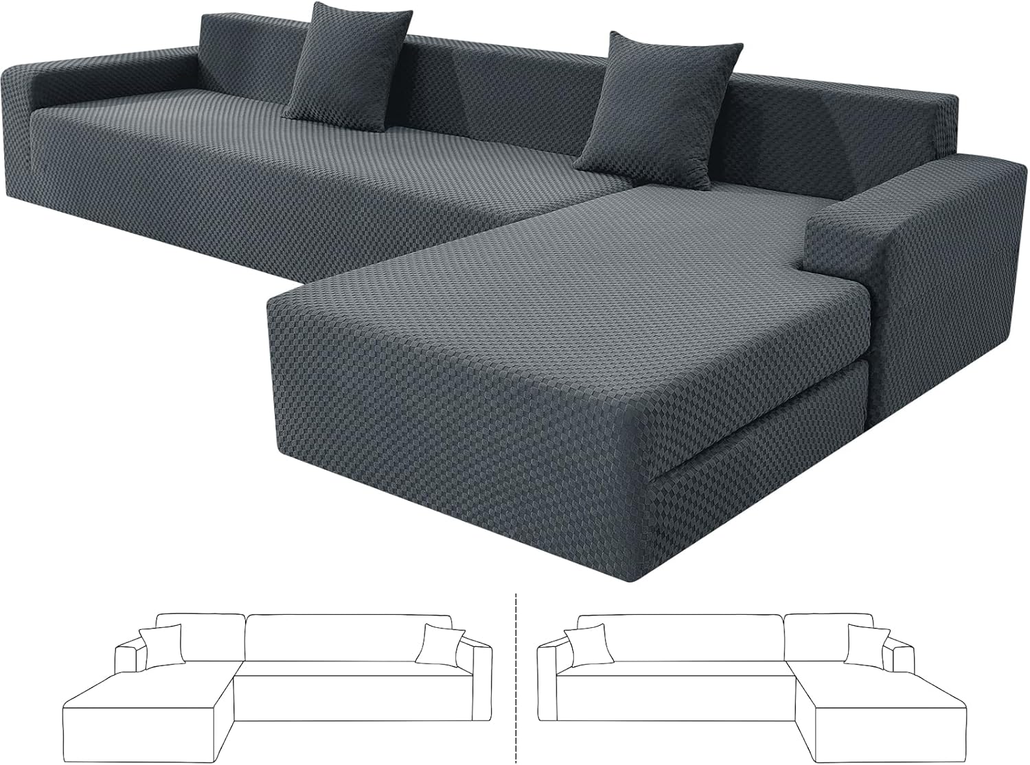 ZNSAYOTX Stretch Jacquard Sectional Couch Covers for L-Shape Sofas - 2PC Pet-Friendly Slipcovers (3-Seat Couch + 3-Seat Chaise, Dark Grey)
