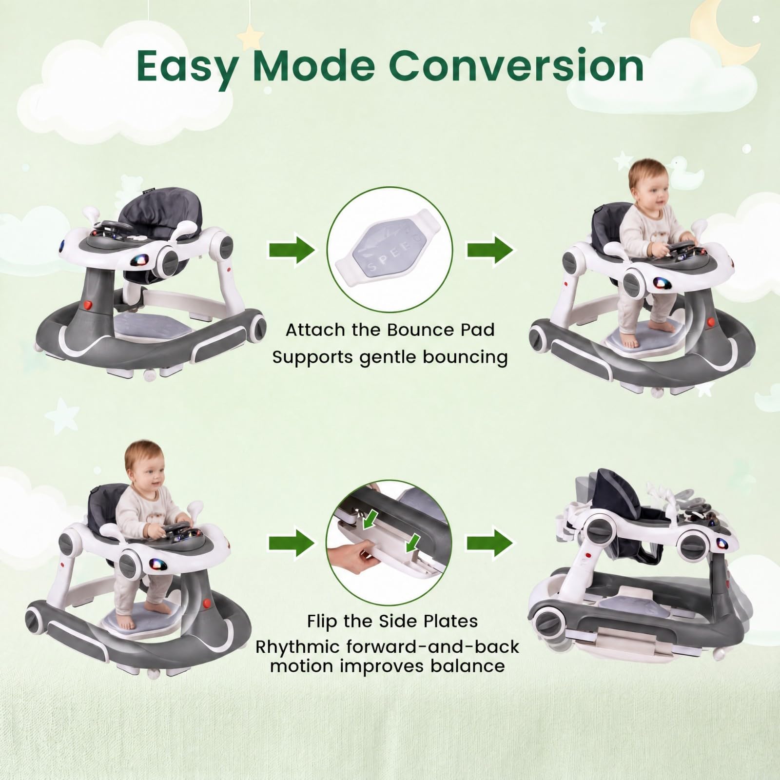 GIANTEX Andador para Bebés Plegable 7 en 1 con Capota (Gris+Blanco) | Tacatá Plegable con Velocidad y Altura Ajustables, Centro de Actividades con Música y Luces para Bebés de 7 a 18 Meses