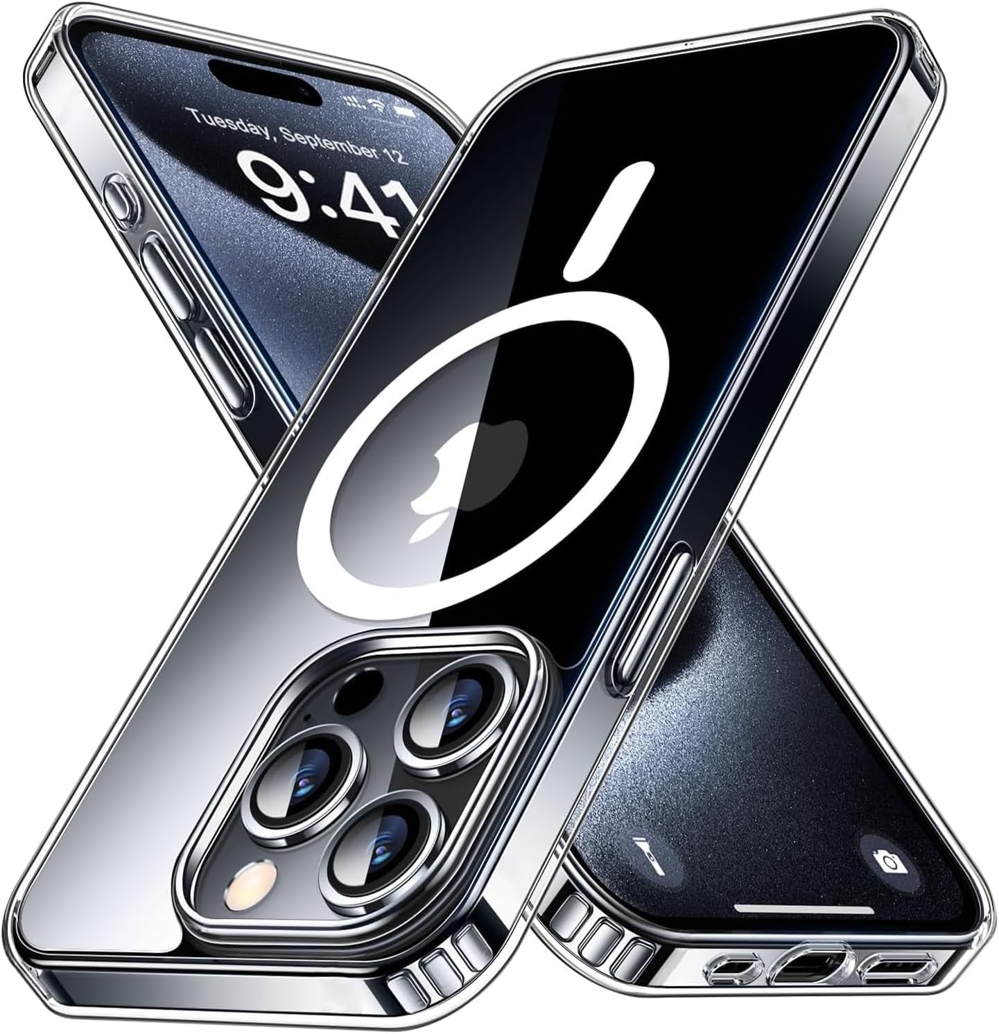 XMON Case for iPhone 15 Pro with Mag-Safe Clear Magnetic Wireless Charging, Soft Silicone TPU Bumper Cover, Thin Slim Fit Hard Back Shockproof Protective Case