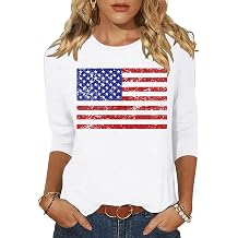 Woffccrd Womens 3/4 Sleeve American Flag T-Shirts Crew Neck 4th of July Summer Graphic Tee Tops