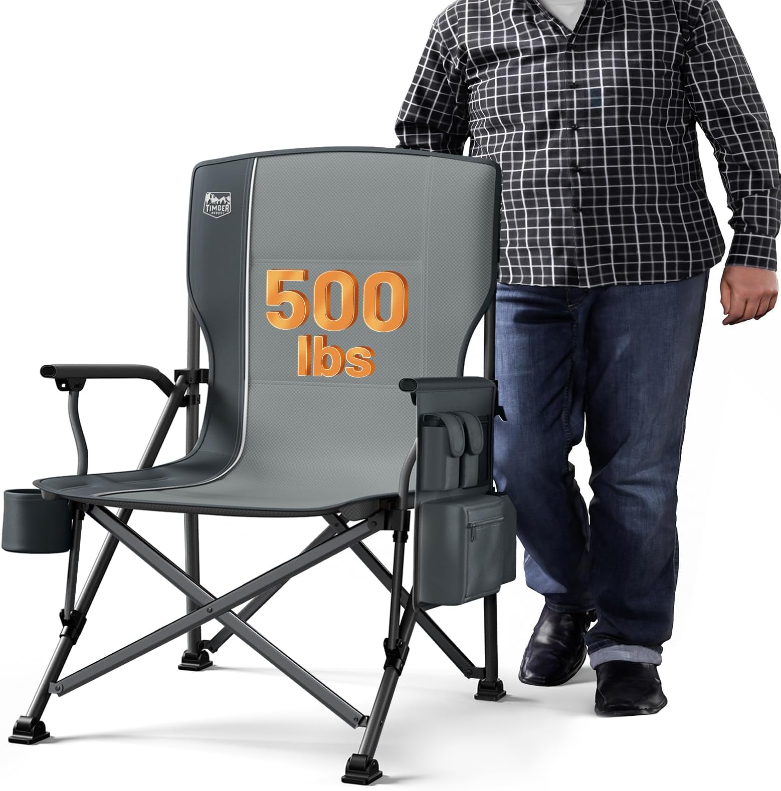 Oversized Folding Camping Chair High Back Heavy Duty for Adults Support up to 500lbs with Cup Holder, Side Pocket Cooler Bag