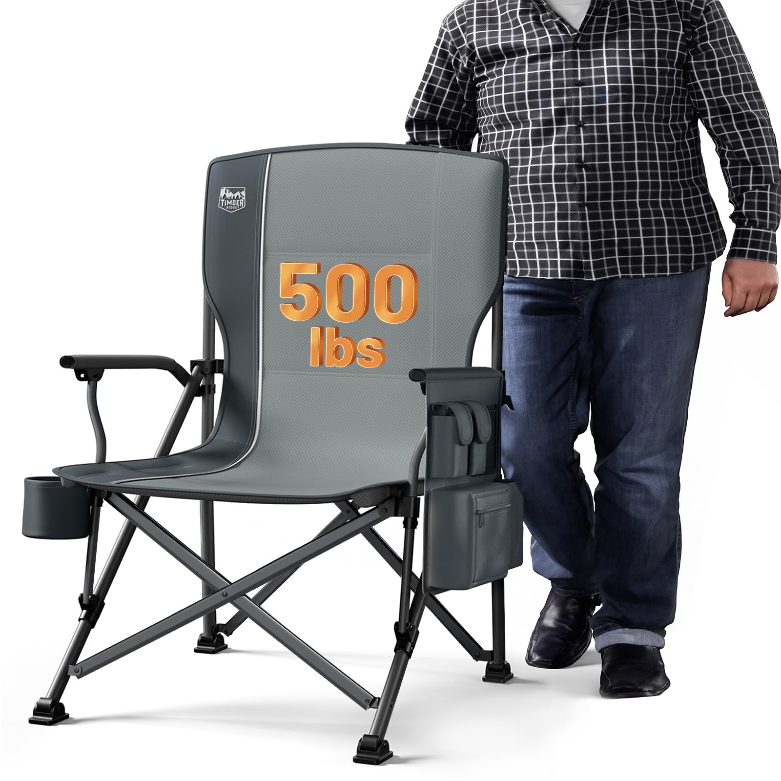 TIMBER RIDGE Oversized Folding Camping Chair High Back Heavy Duty for Adults Support up to 500lbs with Cup Holder, Side Pocket Cooler Bag