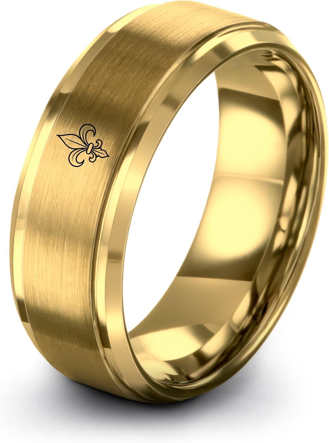 Fleur De Lis Ring - Gift for Royalty Fan - Tungsten - Personalized Custom Engraving - Brushed Polished - 8mm - Black Yellow Gold Silver - Men Women - Flat Dome Bevel - Band - Anniversary Wedding