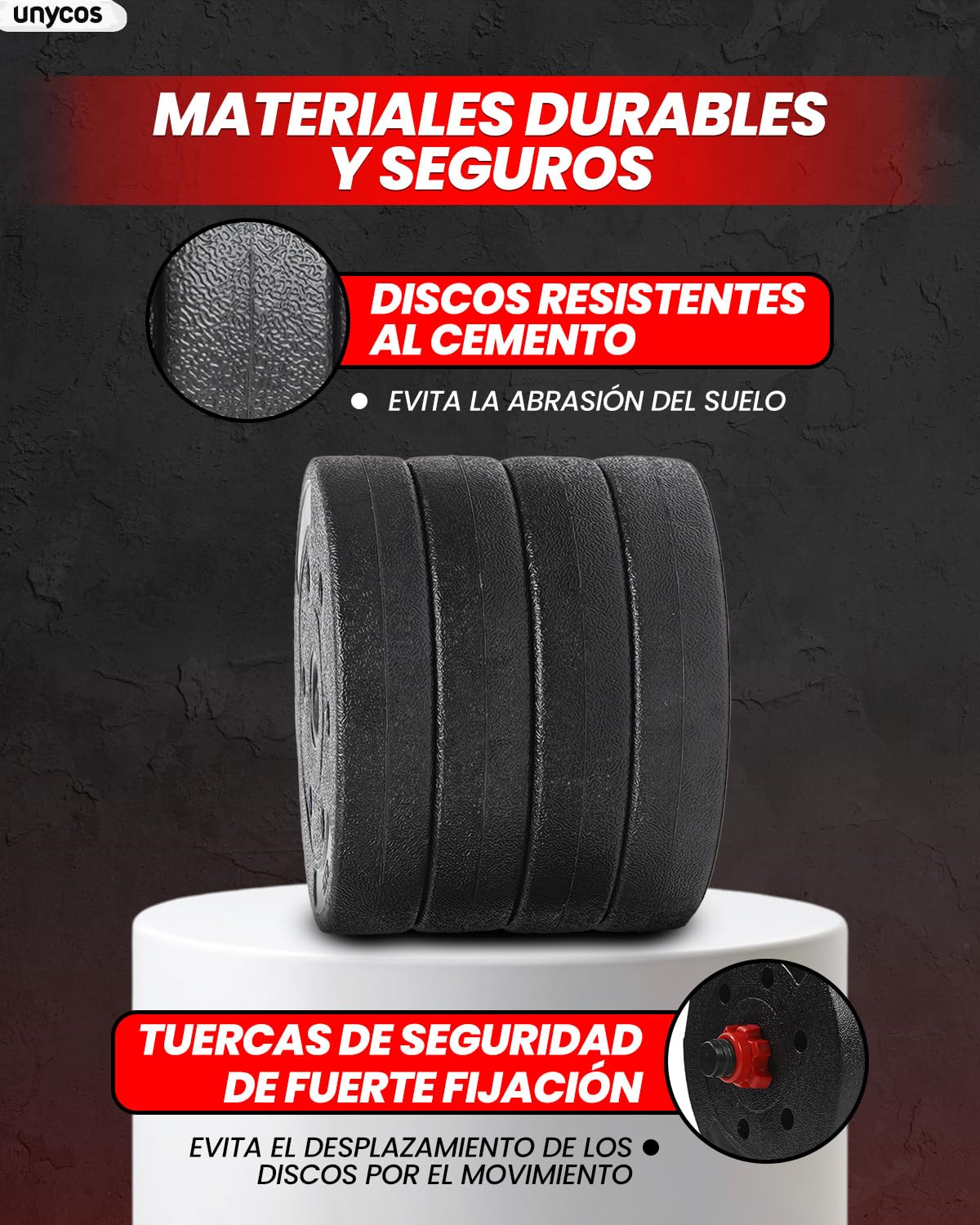 unycos - Mancuernas Ajustables【Discos de Cemento | 10-40 kg】con Barra Recta de Conexión | Pesas Ergonómicas para Hombres y Mujeres, Gimnasio en Casa, Fitness (Red/Orange Transformer) — view 6