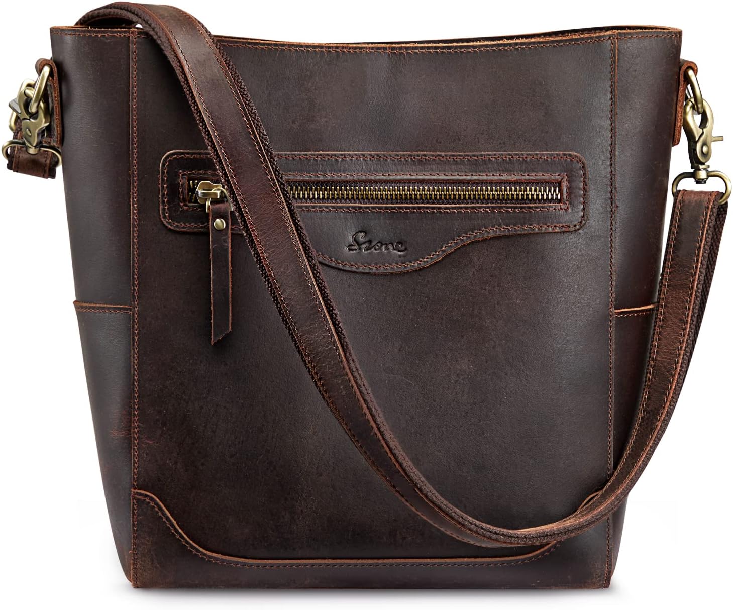 S-ZONE Women Genuine Leather Bucket Shoulder Bag Vintage Crossbody Purse with Outer Pocket