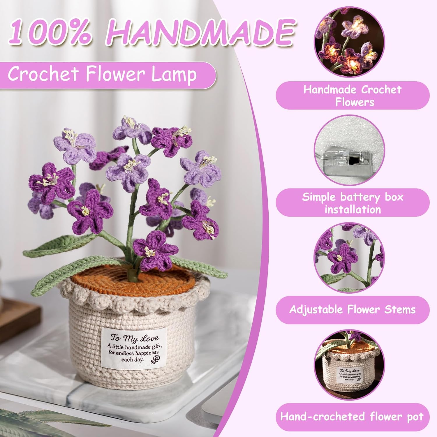 Forget Me Not Flower Lamp - Purple Crochet Artificial Flowers with Night Light, Cordless Table Lamp, Cozy Home Decor Crochet Gifts