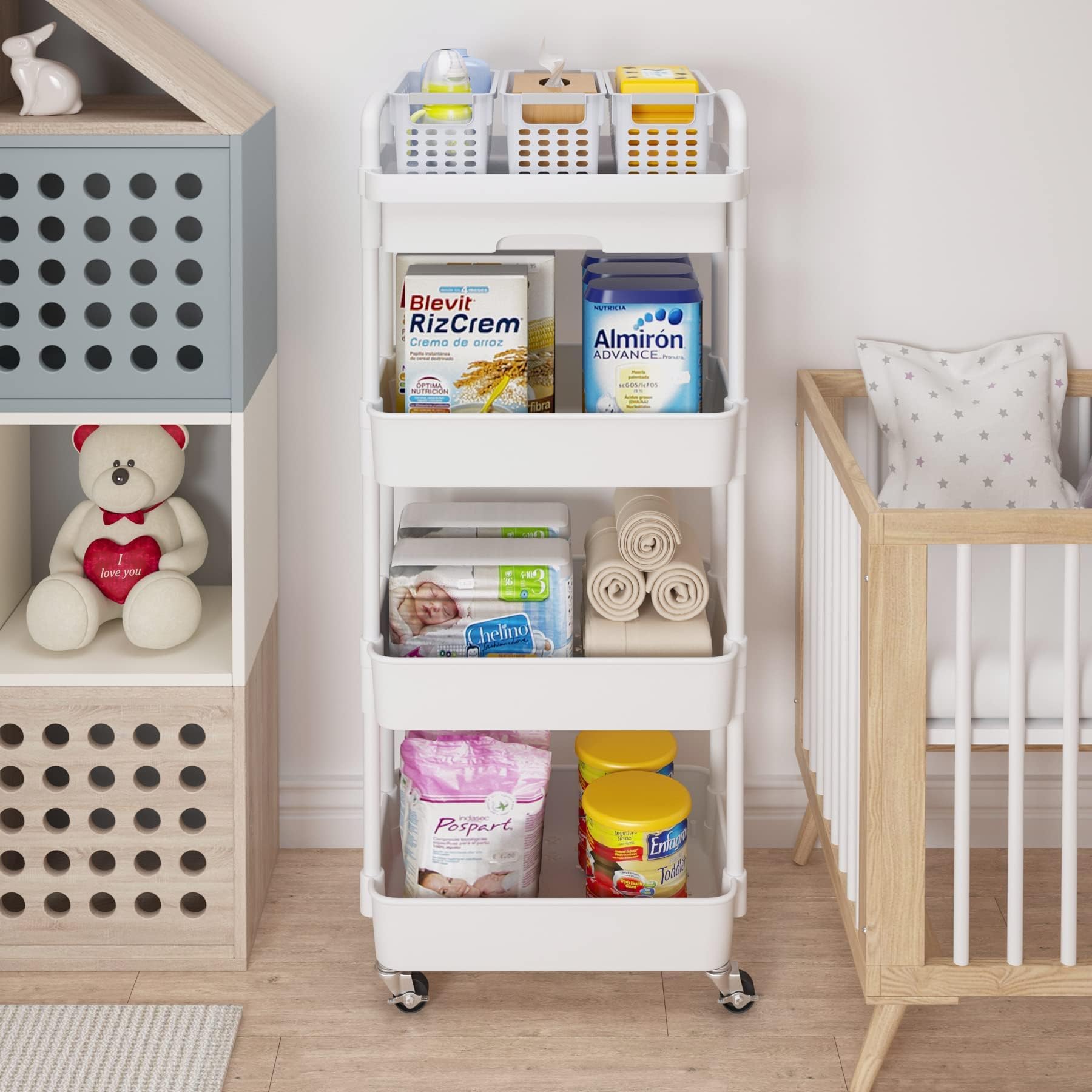 3/4 Niveles Carrito Auxiliar con Ruedas Carro Almacenaje con Ruedas e Cajones Verdulero Auxiliar Carrito Organizador para Cocina Baño