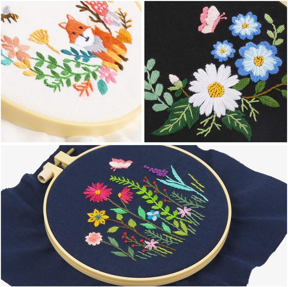 Caydo 3 Sets Embroidery Starter Kit with Pattern and Instructions, Cross Stitch Kit Include 3 Embroidery Clothes with Floral Pattern, 1 Plastic Embroidery Hoop, Color Threads and Tools