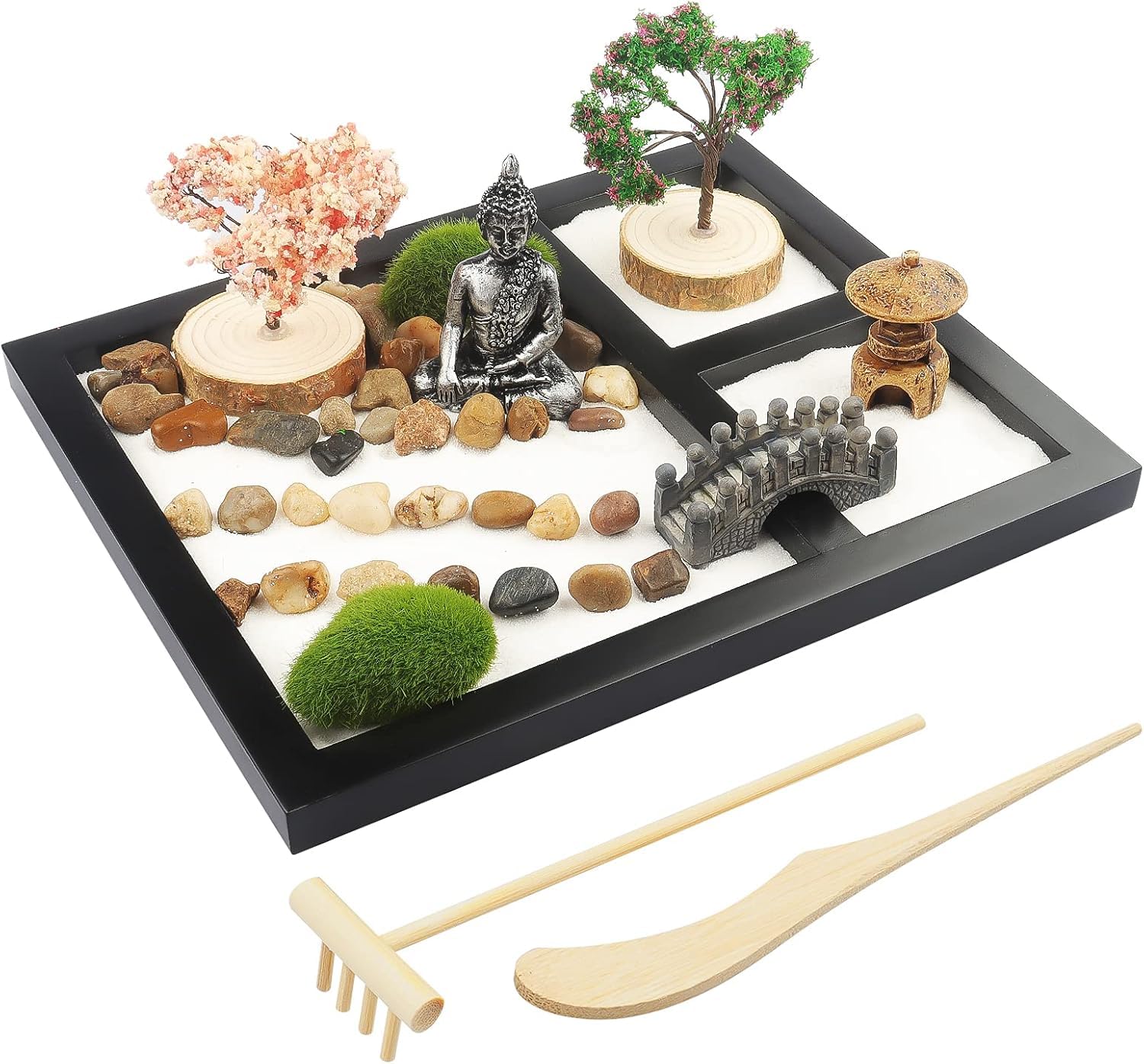 Japanese Zen Garden for Desk - Sakura Budah 9" x 7" Desktop Mini Zen Garden with White Sand Artificial Bonsai Tree Rocks Rakes & Accessories - Meditation Zen Gifts Sand Garden Kit for Office Zen Decor