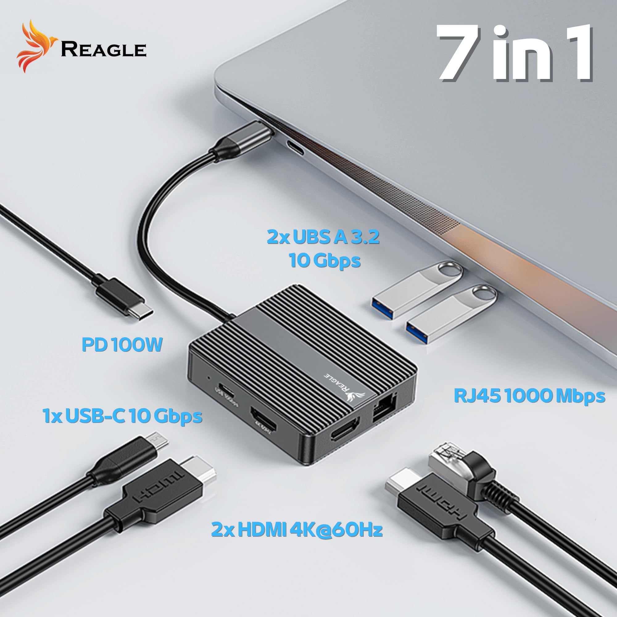 Reagle HUB USB-C 7 in 1 2 X HDMI 4 K 60 Hz PD 100 W SB-C 3.2 Gen2 10 Gbps LAN RJ45 1000 Mbps adattatore plug & play video mirroring, modalità avanzata