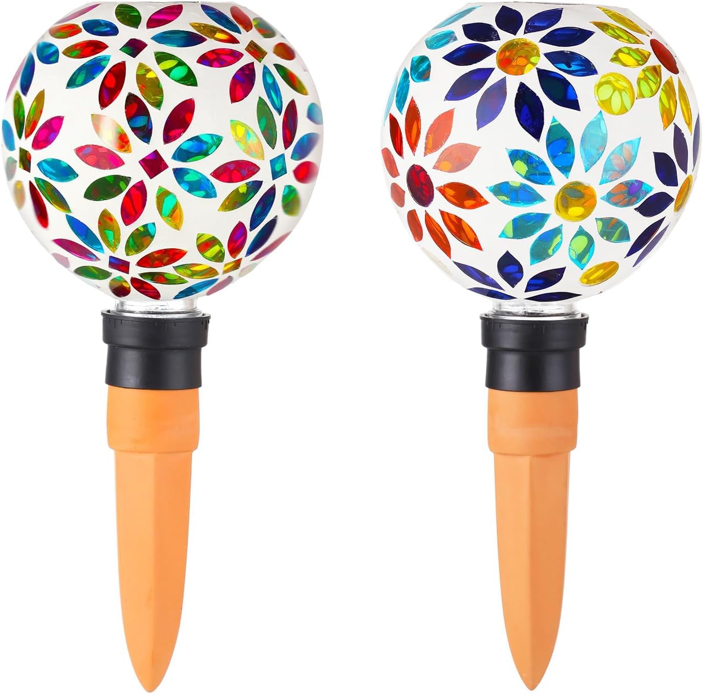 VOREEN Mosaic Plant Watering Globes 2 Pack 500ml with Terracotta Spikes, Handmade Self-Watering Stakes for Indoor/Outdoor, Gift for Garden Lover, Automatic Watering Devices (Multi Colored Flowers)