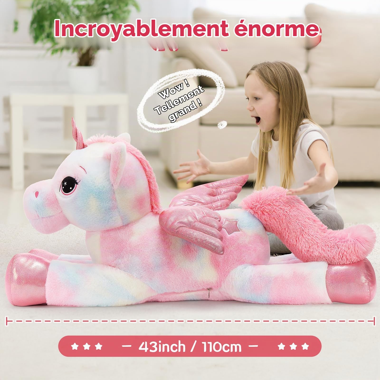MorisMos 110cm Licorne Peluche Géante, XXL Arc-en-Ciel Rose Peluche Licorne Grande, Doux Peluche Licorne avec des Ailes Cadeau pour Enfant Petites Amies Anniversaire Noël