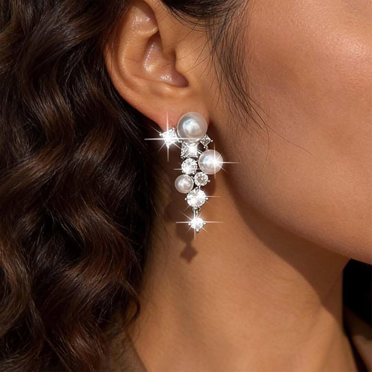 Cluster Pearl Crystal Earrings Multi Pearl Rhinestone Drop Earring Wedding Chandelier Earrings Pearls Stud Earrings Silver Cluster Cz Earrings Bridal Earrings Jewelry for Women - Image 5