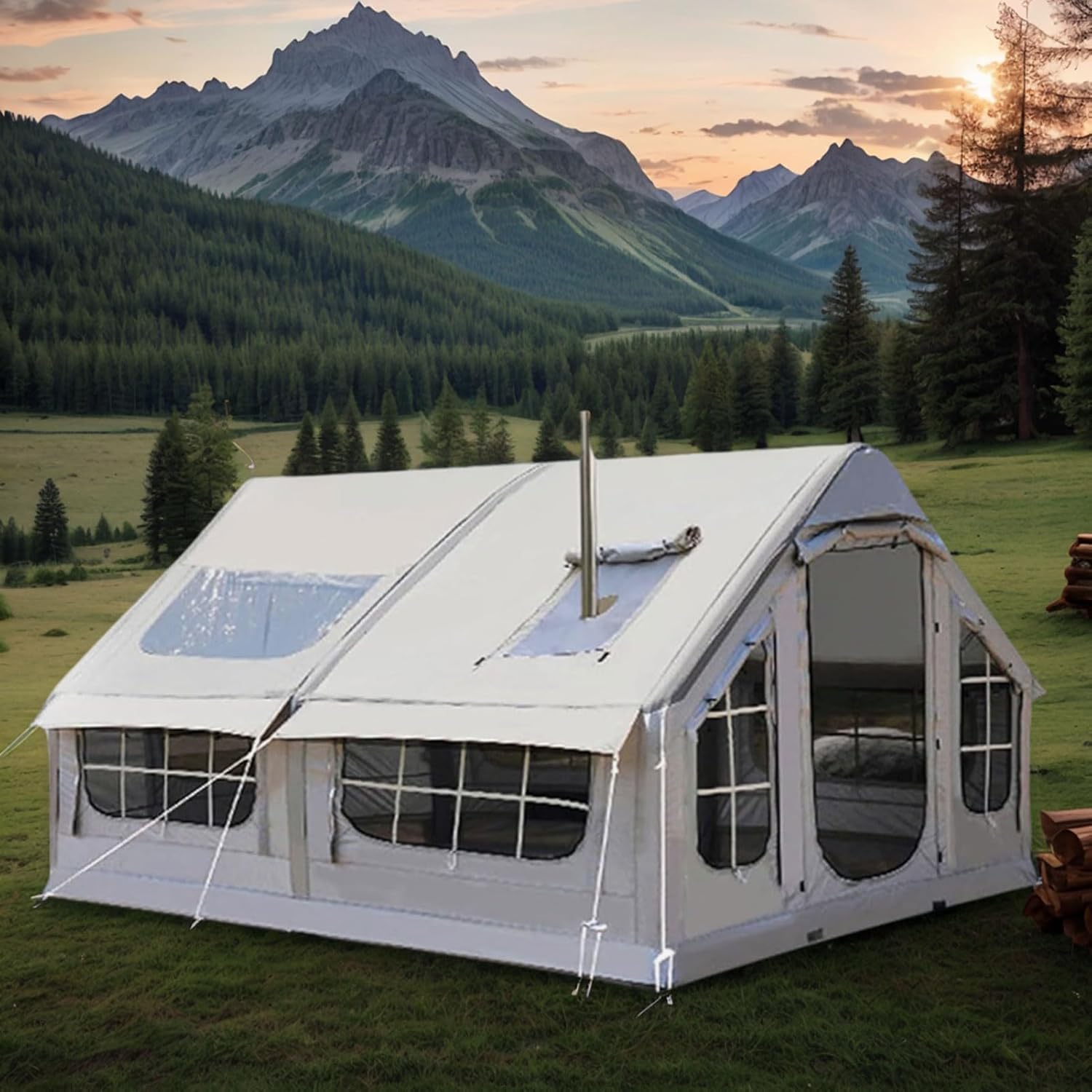 Tenda da Campeggio Gonfiabile Grande 6-8 Posti con 2 Stanze Separate E Porte con Cerniera, Tenda Gonfiabile da Campeggio a Tunnel con Pompa Ad Aria, 385X260X200cm
