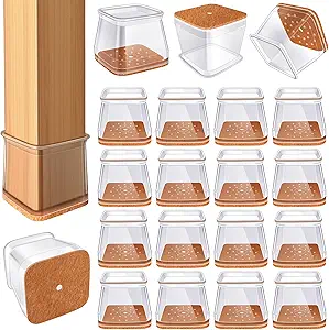 24 Pcs Chair Leg Floor Protectors for Hardwood Floors Square Silicone Covers to Protect Wood Tile Floors Felt Pads Furniture Leg Caps Anti-Scratch Reduce Noise (Fit:1-5/8" to 2")